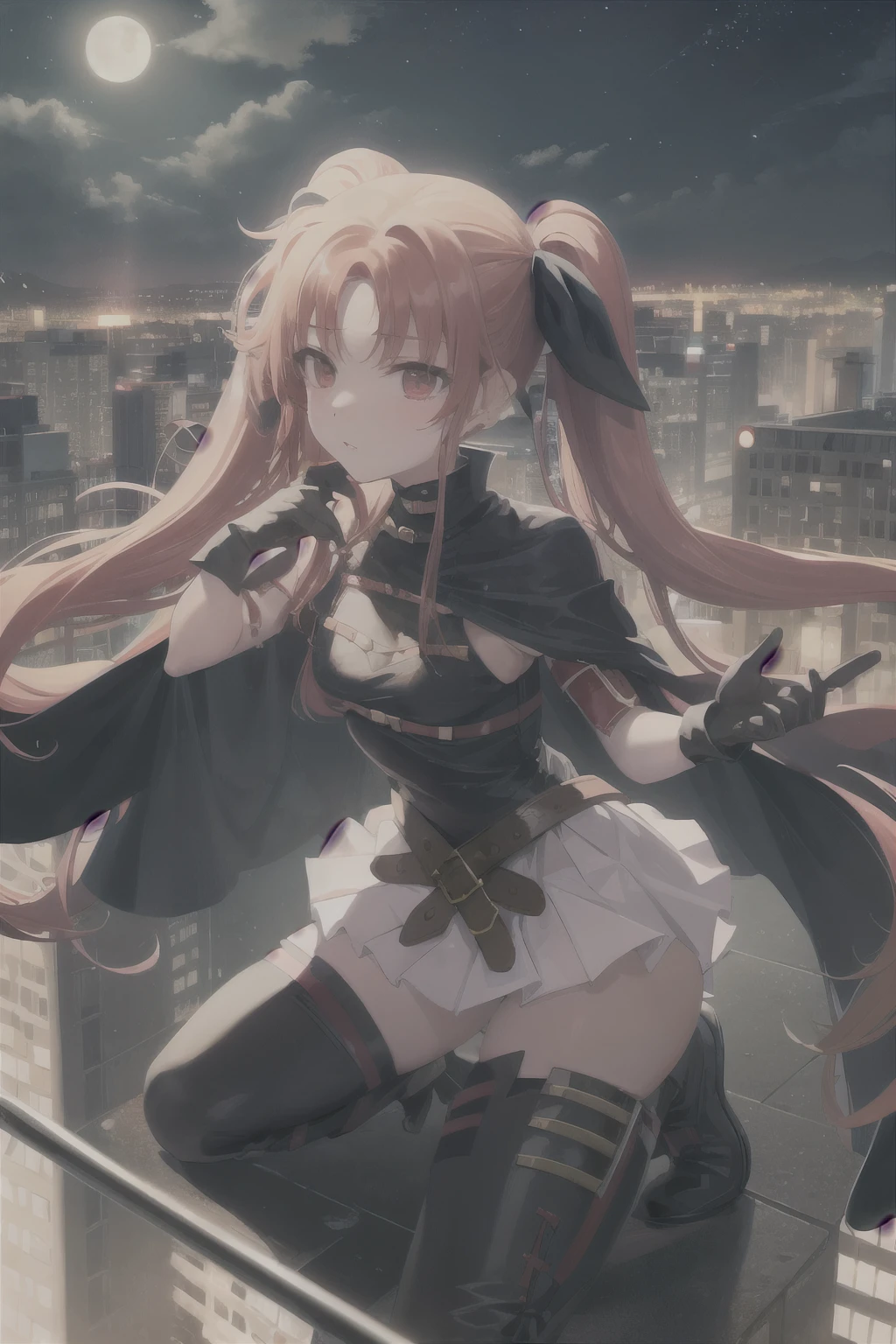 masterpiece, highest quality,1 girl, long hair, become a redhead, alone, Thighhighs, blonde hair, bard, twin tails, red eyes, ribbon, gloves, moon, cape, hair ribbon, belt, skirt, black Thighhighs, very long hair, boots, city, full moon, fingerless gloves, night, sickle, Magical girl, cityscape,(kbxll:0.6),testarossa,Detailed lace lingerie