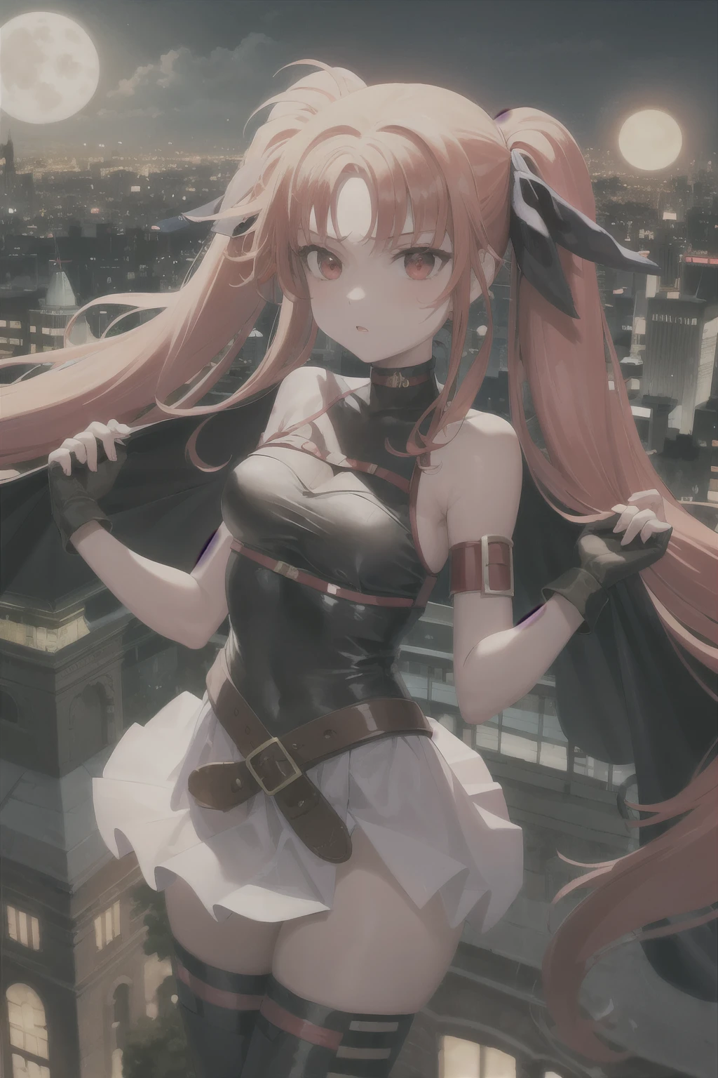 masterpiece, highest quality,1 girl, long hair, become a redhead, alone, Thighhighs, blonde hair, bard, twin tails, red eyes, ribbon, gloves, moon, cape, hair ribbon, belt, skirt, black Thighhighs, very long hair, boots, city, full moon, fingerless gloves, night, sickle, Magical girl, cityscape,(kbxll:0.6)，testarossa，Detailed lace lingerie