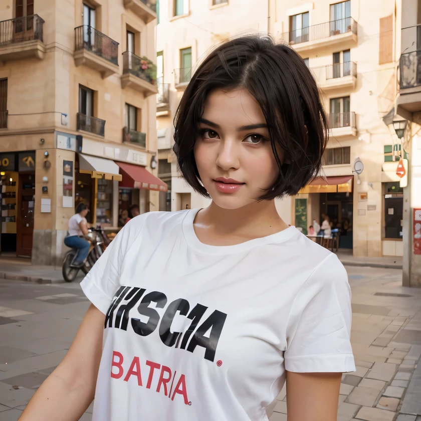 a white woman with short black hair, brown eyes, a beautiful face with slightly pink cheeks and a sweet look, with red lips, sexy hot, with a Barcelona 2014 shirt