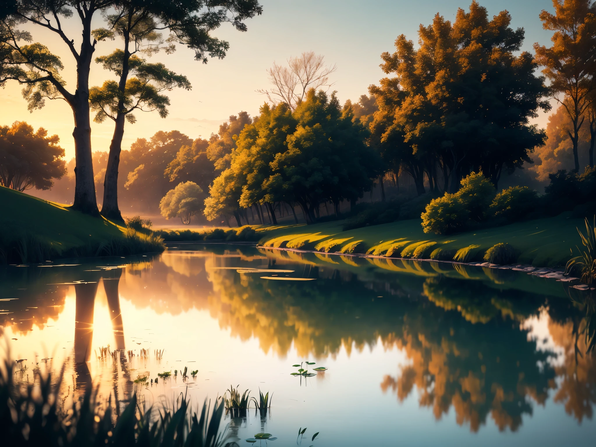 (best quality,highres,masterpiece:1.2),(realistic,photorealistic,photo-realistic:1.37),beautiful serene (evening pond:1.2),peaceful water reflections,golden sunset casting vibrant colors,rippling water surface,graceful lotus flowers floating,bountiful green lily pads,tranquil atmosphere,majestic trees surrounding the pond,sunlight filtering through the leaves,gentle breeze rustling the grass,serene atmosphere,harmonious nature sounds,perfectly symmetrical composition,dreamlike and ethereal,soft and warm color palette,magical twilight lighting,silhouettes of birds flying in the distance.