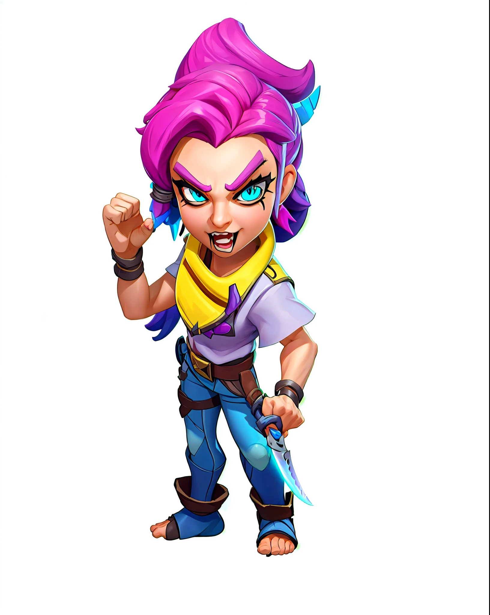 Close up of cartoon character holding knife, Muscular female dwarf engineer, royal style character, threatening posture, official character art, tan skin, pink iconic character, brawl stars, tribal style, katana zero video game character, new role, scary angry gesture, Valkyrie style character, threatening gesture, Natalie in epic battle fantasy, fantasy characters