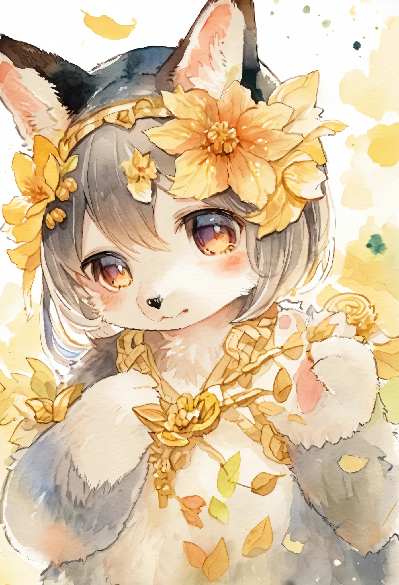 Watercolor elements, 1girl, kemono, furry, detailed body fur, animal face, animal hand, unfocused spread of gold flower, 