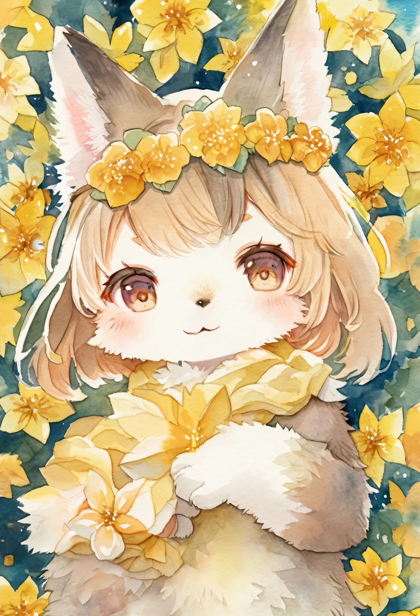 Watercolor elements, 1girl, kemono, furry, detailed body fur, animal face, animal hand, unfocused spread of gold flower, 