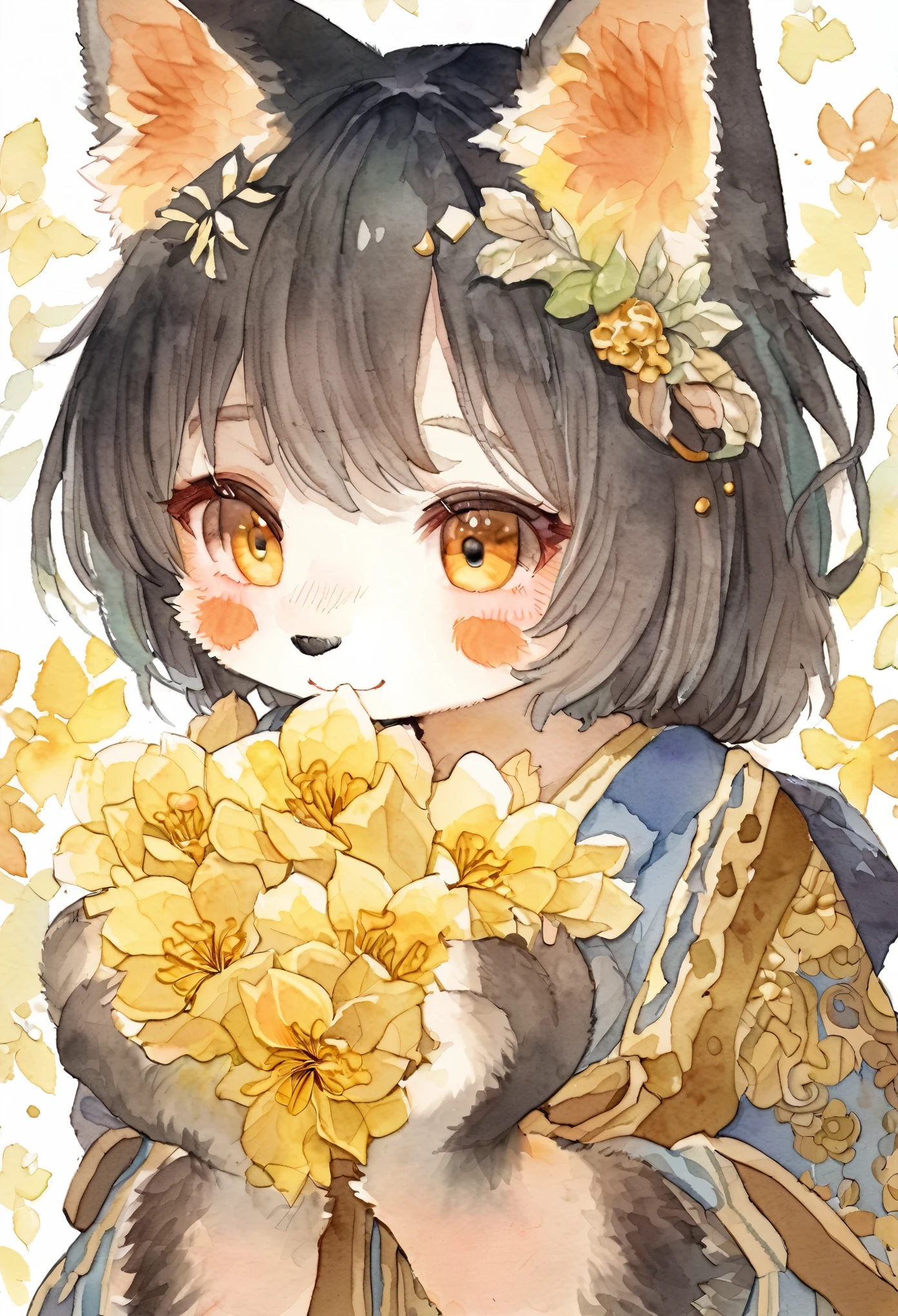 Watercolor elements, 1girl, kemono, furry, detailed body fur, animal face, animal hand, unfocused spread of gold flower, 