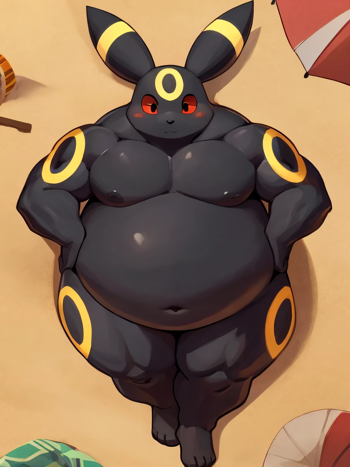 Umbreon、muscle-gut,  black fur, Giant Monsterountain of fat、The body is buried due to fat、The stomach is triangular、Extreme obesity、very thick fat、my stomach touches the ground、Stomach like a giant balance ball、Saggy belly、detailed eyes, Thick thighs、very very tall、Thick animal-like legs、Cheeks that store fat、thick arms、huge torso、thick neck、fat neck、legs buried in fat, thick twisted corners, On the Beach,