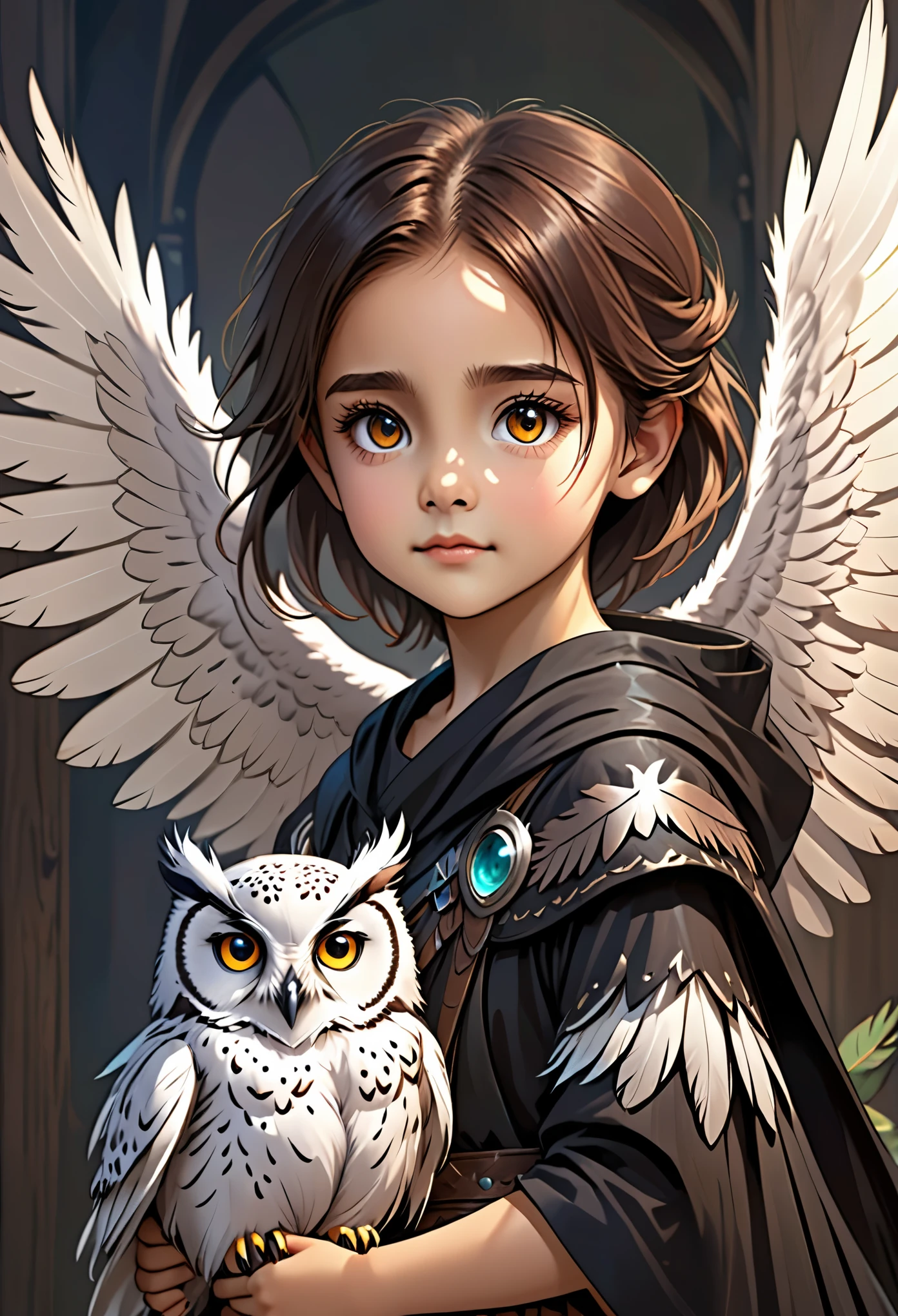 Create a hybrid child with an owl half child,Has owl features and feathers,For DND RPG with owl wings and owl eyes