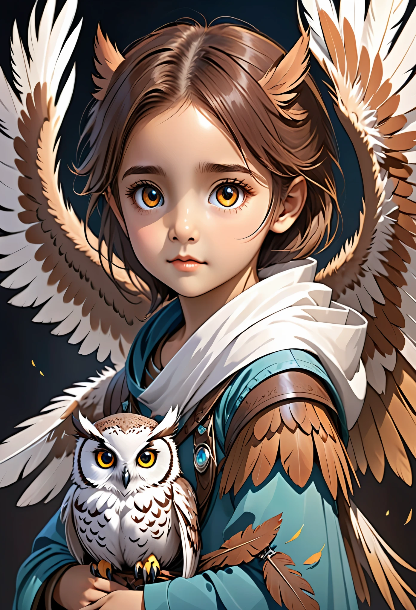 Create a hybrid child with an owl half child，Has owl features and feathers，For DND RPG with owl wings and owl eyes