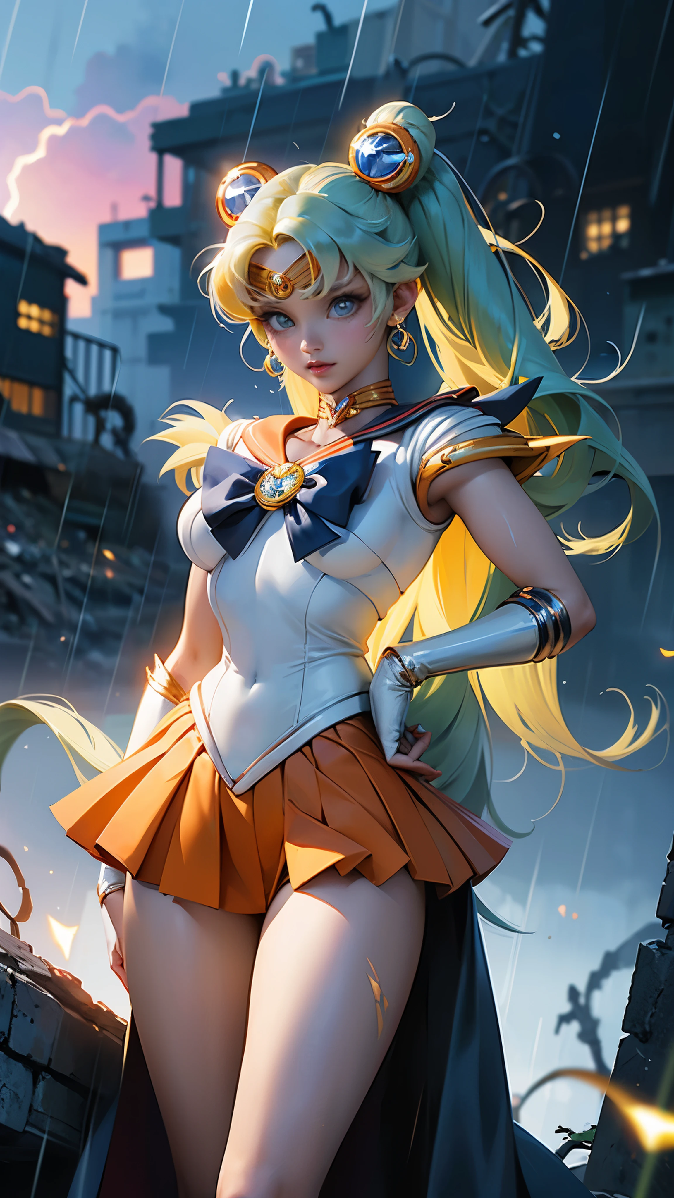 (La mejor calidad,A high resolution,Ultra - detallado,actual),Ariana Grande es sailor moon venus, (Uniformes de marineras senshi:1.4), cabello verde oscuro, cabello mediano, Falda suplicante, (Guantes blancos de codo:1.1), joya, pecho mediano, dynamic background, dynamic posture,More detailed 8K.motor irreal:1.4,HD,La mejor calidad:1.4, fotorrealista:1.4, textura de la piel:1.4, obra maestra:1.8,obra maestra, mejor calidad,objeto Objeto], (rasgos faciales detallados:1.3),(dedos detailed :1.4 ),(Apocalyptic city destroyed:1.7), gargantilla, (Guante Blanco:1.4), gargantilla verde, Arboledas de codos, joya,(fondo atardecer:1.4),(Marinero Neptuno:1.4),(pose vaquero :1.4), (ojos hermosos verdes :1.4), ,( ciberpunk 2.1), (estilo kawaii :1.4), (sailor moon venus :1.4 ), (perfect anatomy  2.1), (background rain thunder lightning :1.4) 