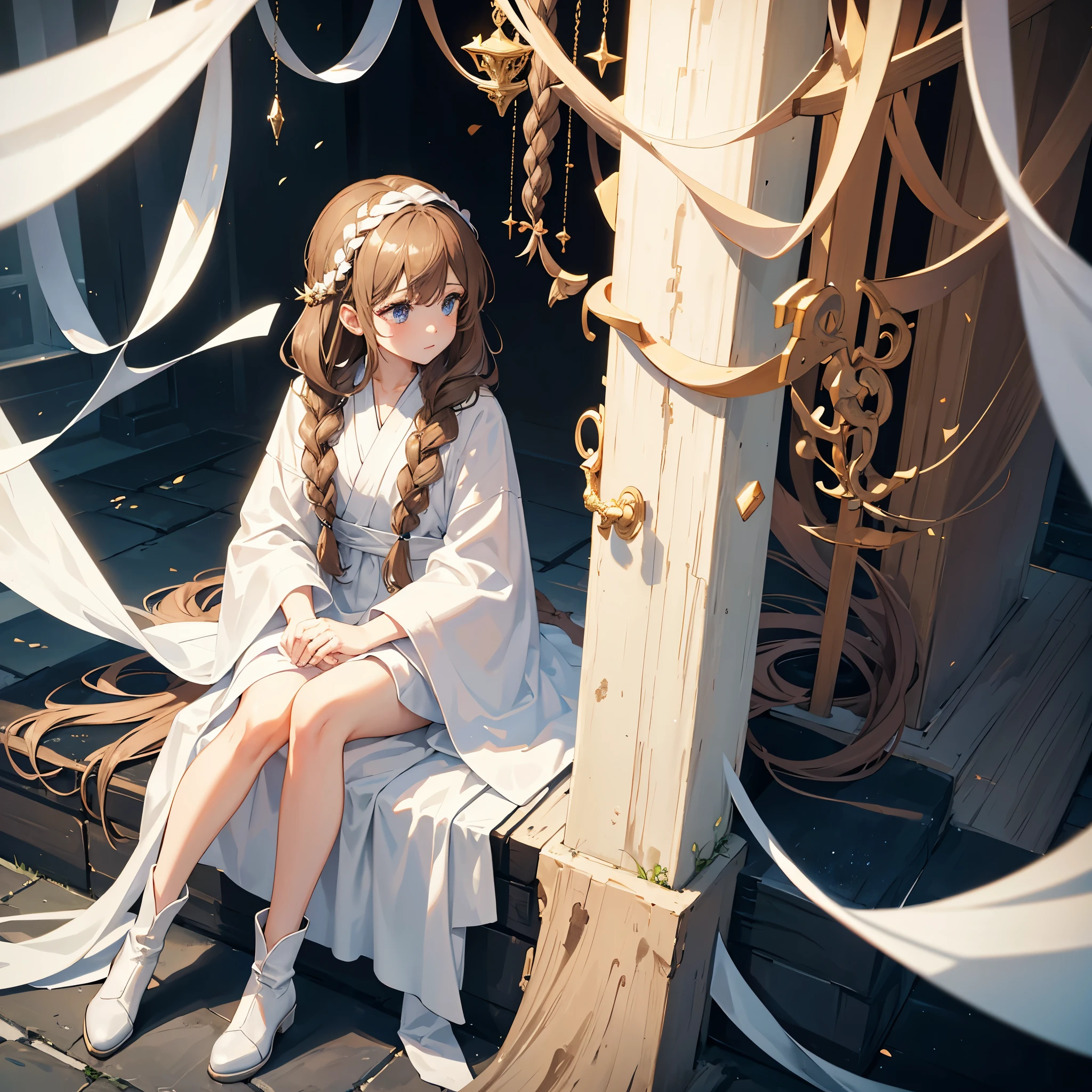 {{{A summoner wearing a white robe, a girl with brown hair, braided eyes, and brown boots.}}}