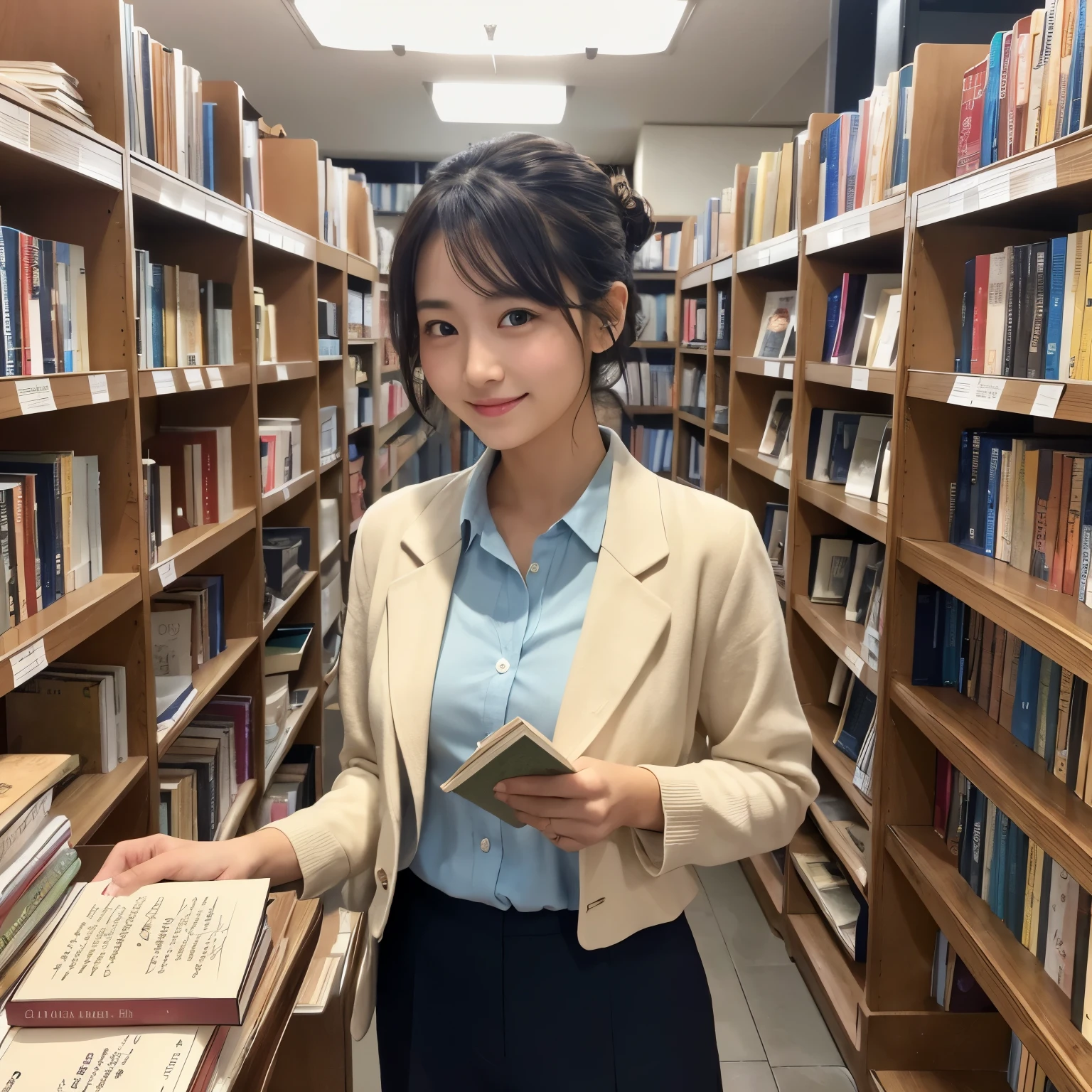 Best-quality, Masterpiece, Ultra-High-Resolution, (Photorealistic:1.4), Raw-Photo, 32k photo of a beautiful Japanese girl in a smart casual outfit, with detailed eyes and an engaged smile, browsing books in an old bookstore. She’s wearing a fitted blazer over a soft blouse and slacks, with comfortable loafers, her hair styled in a neat bun. The image captures her surrounded by shelves of books, emphasizing her intellectual curiosity and the quaint charm of the bookstore,
extremely cute face like the most famous Japanese idol, extremely beautiful big-blackeyes, extremely beautiful hair