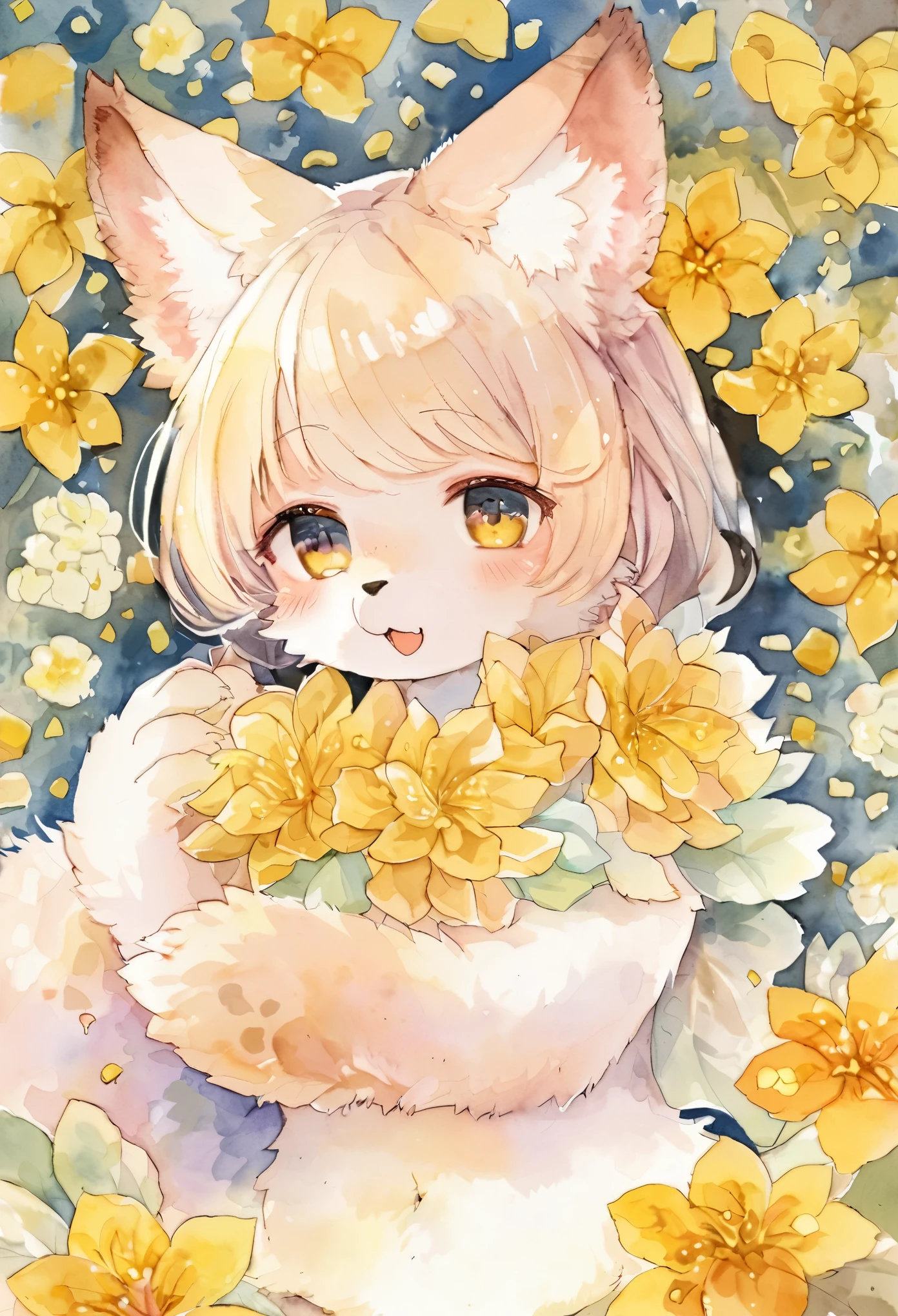 Watercolor elements, 1girl, kemono, furry, detailed body fur, animal face, animal hand, unfocused spread of gold flower, 