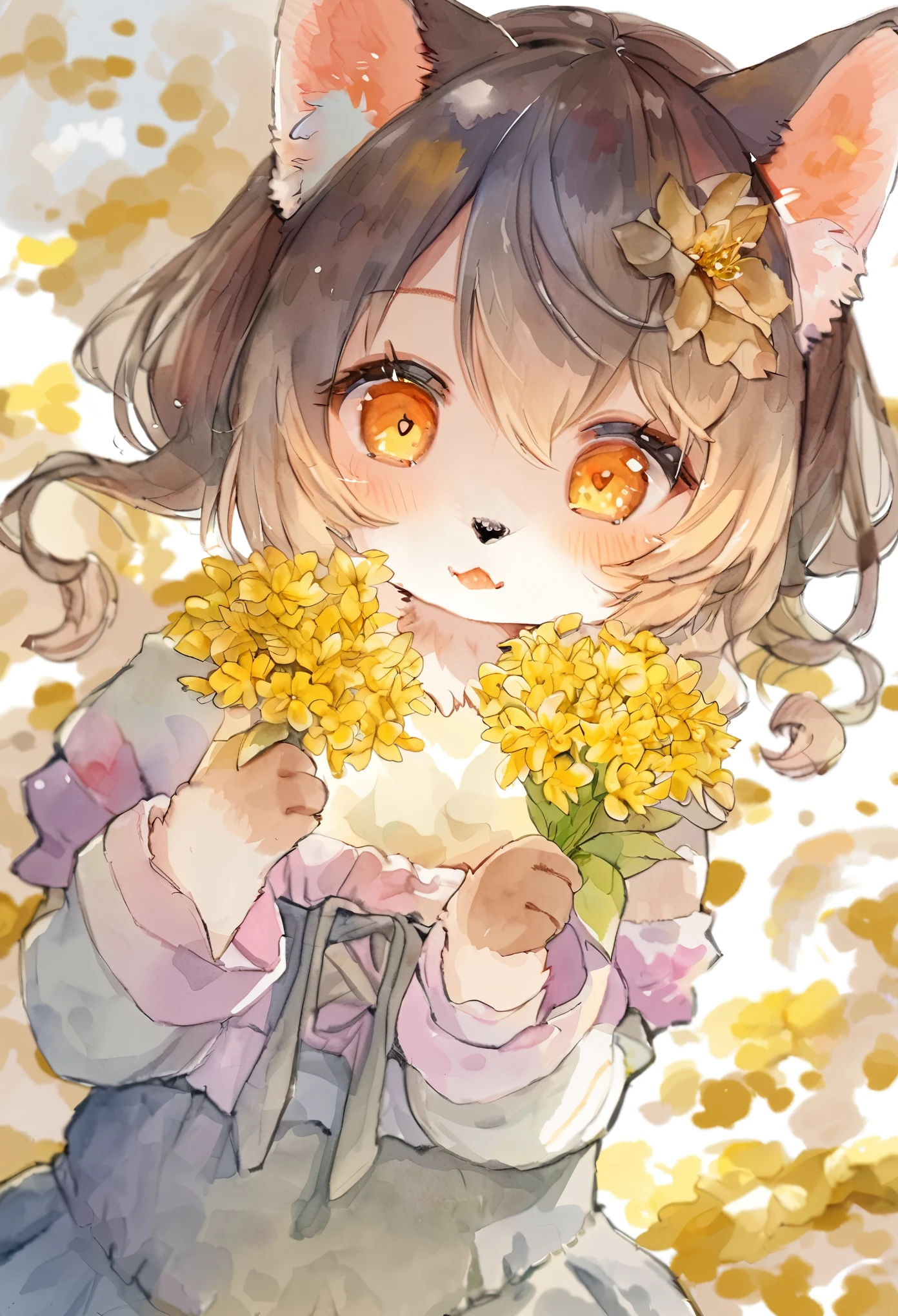 Watercolor elements, 1girl, kemono, furry, detailed body fur, animal face, animal hand, unfocused spread of gold flower, 