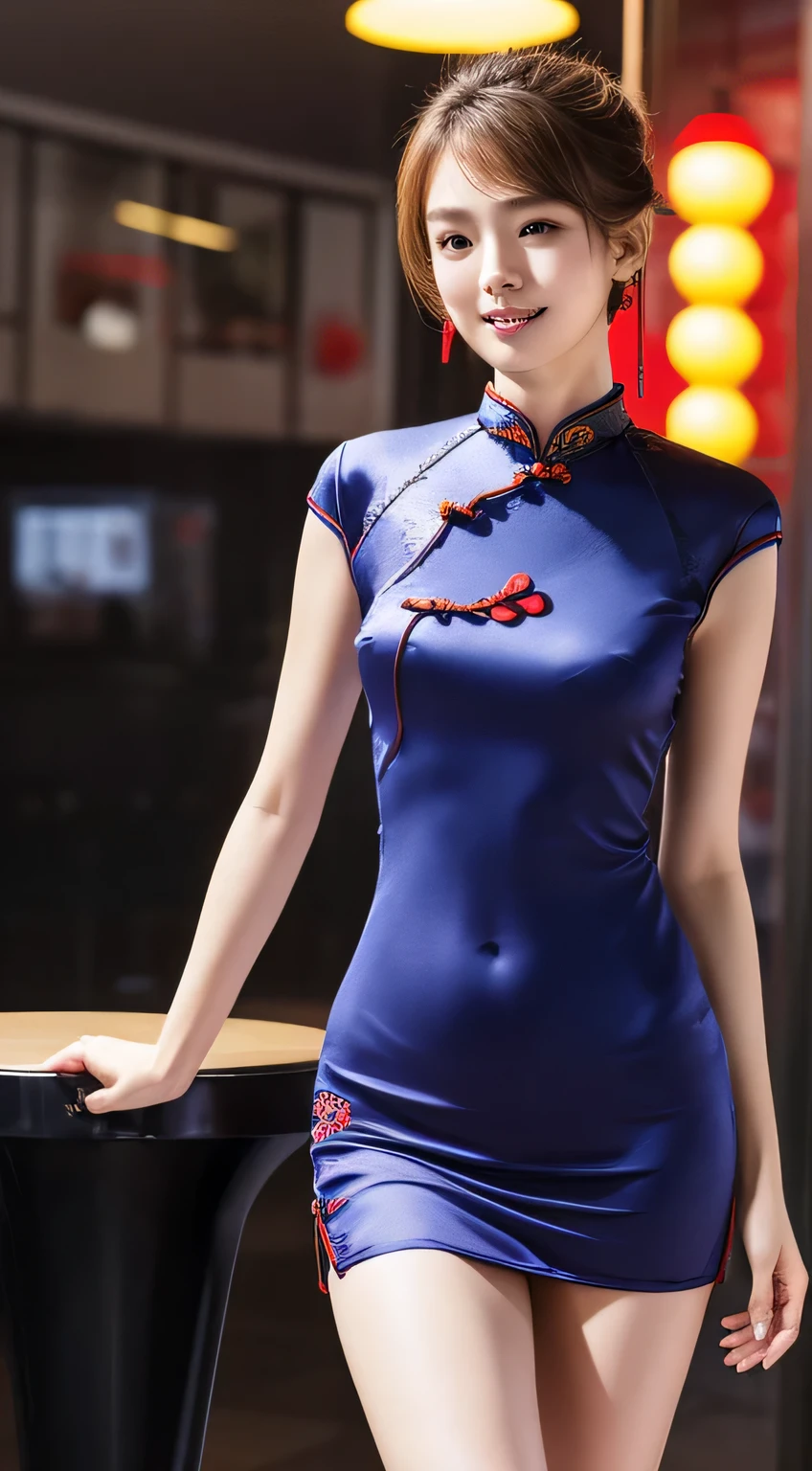 8K, table top, Raw photo, highest quality, realistic, Highly detailed CG Unity 8K wallpaper, Depth of the bounds written, cinematic light, Lens flare, ray tracing, (very beautiful face, beautiful lips, beautiful eyes), face with intricate details, ((highly detailed skin)) 1 girl, in the dark, deep shadow, cute korean girl, K-POPアイドル, 1 girl, (very slim and slender fit muscular body:1.3), ((looking at the viewer)),(big smile:1.3), (fashion city night, dark night, (neon sign), (blurred background), fashion street night),(no people in the background:1.3), beautiful earrings, bracelet, pantyhose, clear eyes, walk, (pale skin), (Big eyes), look forward, (brown hair), (full body shot), ((silk cheongsam dress:1.3)), ((tight fit dress)), , (looking at the viewer:1.3) open chest, very slim, small nice tit, focusing, front of eyebrows,(tight dress), thick thighs,frameless glasses,beautiful ponytail