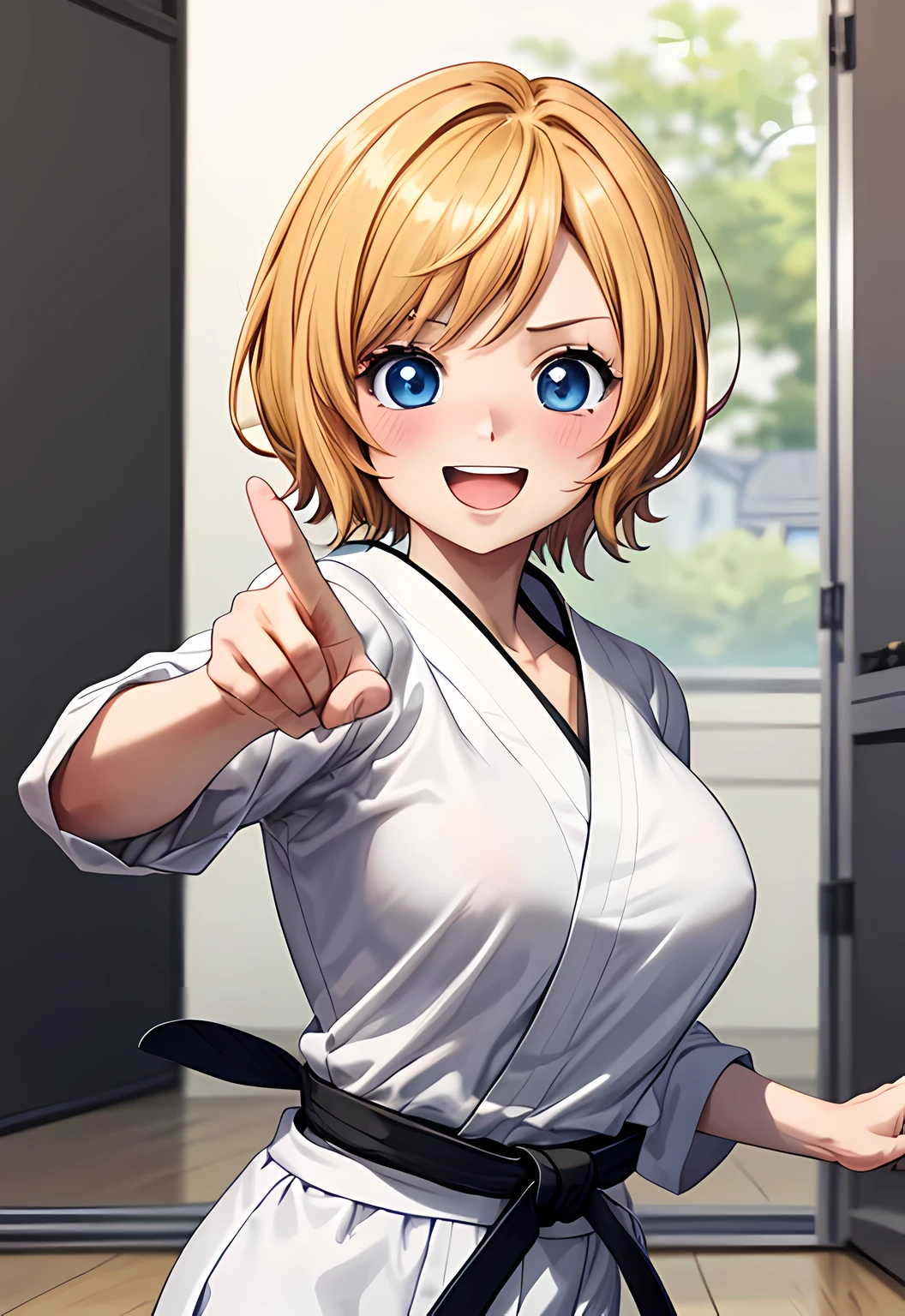 (from front:1.3), masterpiece, highest quality, 8K, High resolution, highest quality, anime style, best writing, beautiful face, masterpiece、High resolution、koala, best fingers, best eyes, beautiful makeup, (charming eyes:1.3)、beautiful blonde, short hair、blue eyes、big breasts, (empty handed:1.3), Black belt, Black Belt, (white gi:1.3)、(dojo:1.3)、(flooring:1.3)、best smile、blush, open your mouth, fighting pose, (close up:1.3)