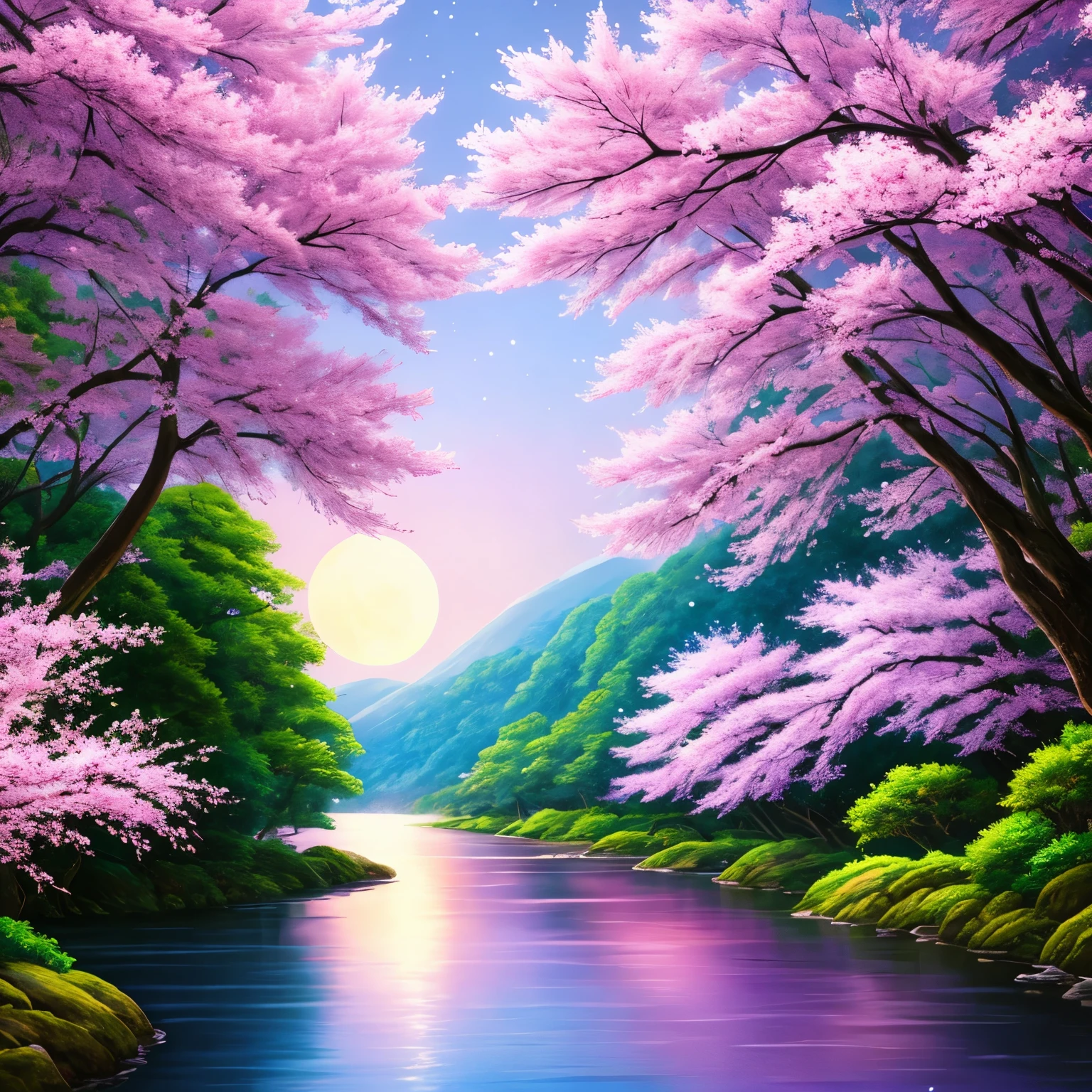 a painting of a river with a full moon in the background, cherry blossom forest, anime nature, spring evening, japanese landscape, dreamy scene, anime nature wallpap, magical landscape, 8k high quality detailed art, quiet and serene atmosphere, lush japanese landscape, beautiful anime scenery, fantasy art landscape, scenery artwork, sakura trees, peaceful environment, ross tran. scenic background