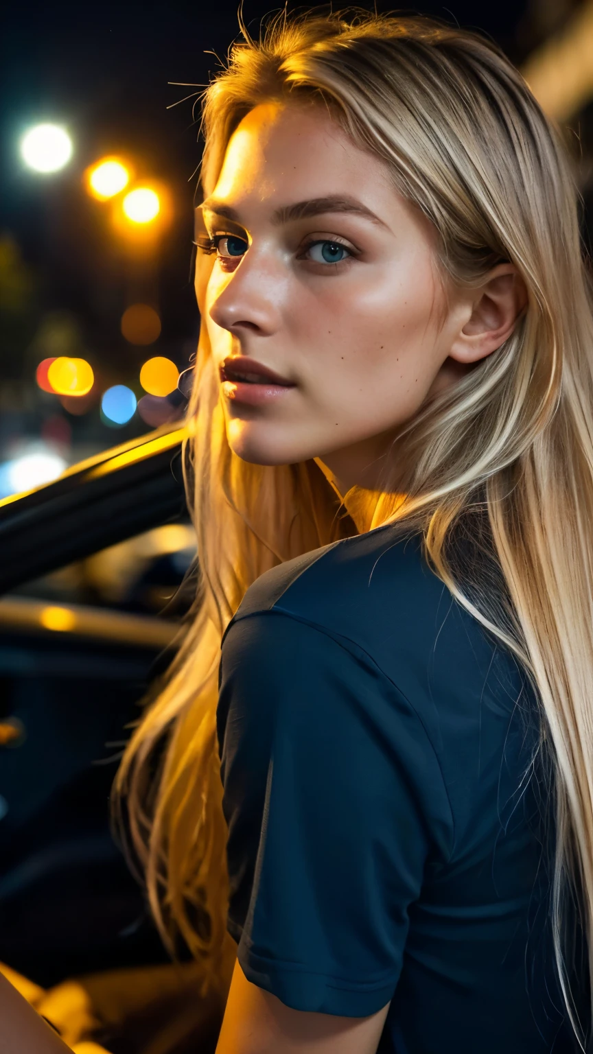Lara Bauer sitting in a car driving through the night, Nachtstadtlichtregen, drives along (nacht) down an illuminated street, man sieht sie seitlich von hinten, The street lights can be seen in the background, captured in a photograph. She has beautiful long blonde hair. She is a 22-year-old woman, radiating youth and vitality. She is casually dressed, schaut etwas nach links, enganliegendes crop top, RAW UHD, (yellow-brown blonde hair), (blonde tiny eyebrows), short top, langes glattes haar, (angular face: 1.3), (long face: 1.4), 22-year-old woman, dark colors, natural lighting, flowing hair, calm expression, detailed facial features, natural pose, T-Shirt, (Neck), Details (Textures!, Hair!, Cons: 1.3), bright grey green eyes with great Details, Reflex Lighting, SLR Camera, Ultra Quality, Sharpness, schwaches licht, Fujifilm XT3, beau visage, schwach belichtet, from behind, photorealistic, afterimage, afterimage, afterimage, from behind, blurry foreground, cowboy shot, afterimage, from behind, from behind, blurry foreground, cowboy shot