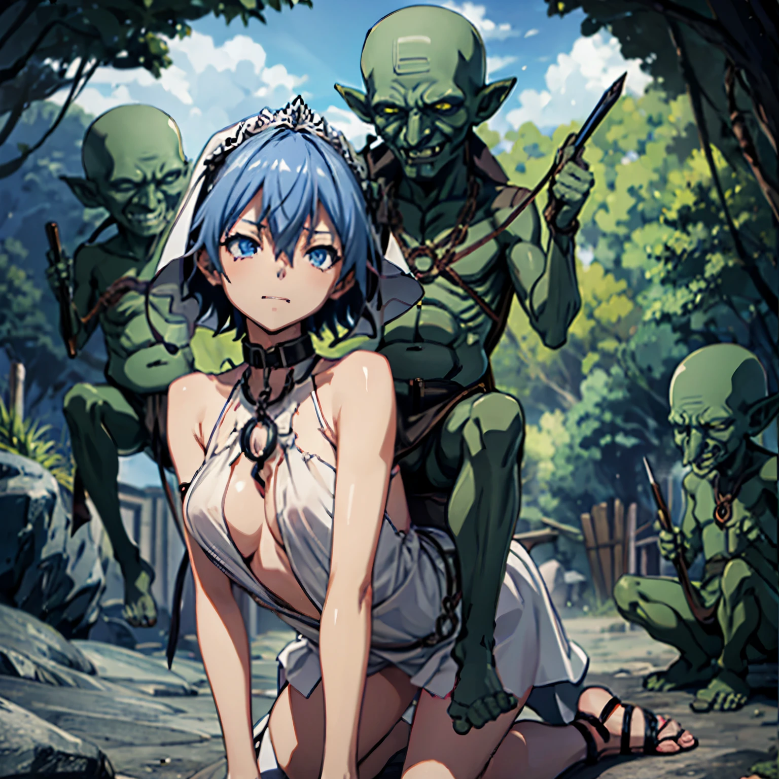 masterpiece, goblinriding, a goblin is riding a girl, goblin, mutiple goblins, goblins, (all fours), 1girl, (wedding dress:1.1), (nose hook), reins, collar, chain, rope, obey, happy trance, smile, hair ornaments, short hair, blue hair, blue eyes, azuma-tokaku, Akuma no Riddle, small breast, expressionless, emotionless, blank eyes, empty eyes, mind control, cave background, holding penis, huge penis, torn clothes