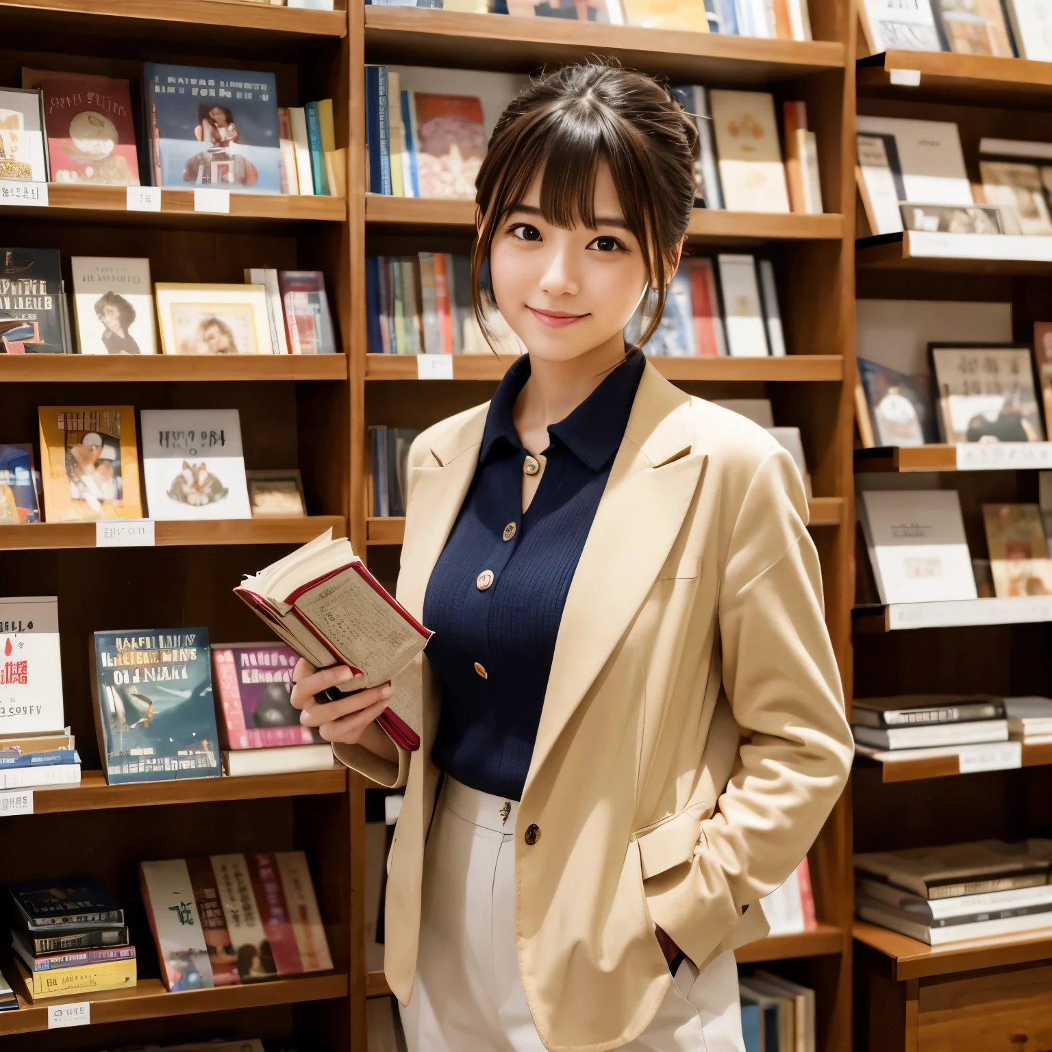 Best-quality, Masterpiece, Ultra-High-Resolution, (Photorealistic:1.4), Raw-Photo, 32k photo of the most popular Japanese idol's girl in a smart casual outfit, with detailed eyes and an engaged smile, browsing books in an old bookstore. She’s wearing a fitted blazer over a soft blouse and slacks, with comfortable loafers, her hair styled in a neat bun. The image captures her surrounded by shelves of books, emphasizing her intellectual curiosity and the quaint charm of the bookstore,

extremely cute face like the most famous Japanese idol, extremely beautiful big-blackeyes, extremely beautiful hair