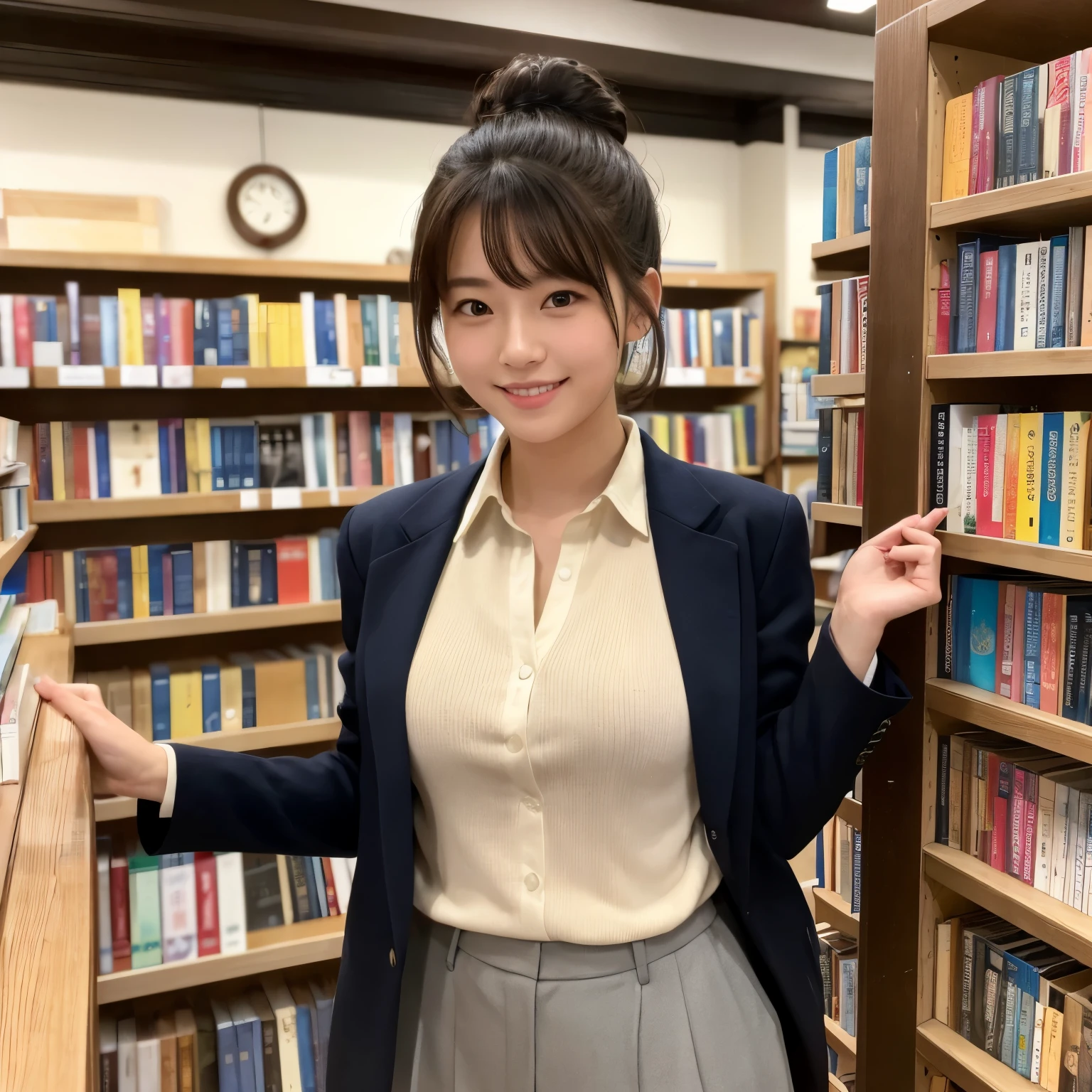 Best-quality, Masterpiece, Ultra-High-Resolution, (Photorealistic:1.4), Raw-Photo, 32k photo of the most popular Japanese idol's girl in a smart casual outfit, with detailed eyes and an engaged smile, browsing books in an old bookstore. She’s wearing a fitted blazer over a soft blouse and slacks, with comfortable loafers, her hair styled in a neat bun. The image captures her surrounded by shelves of books, emphasizing her intellectual curiosity and the quaint charm of the bookstore,
extremely cute face like the most famous Japanese idol, extremely beautiful big-blackeyes, extremely beautiful hair