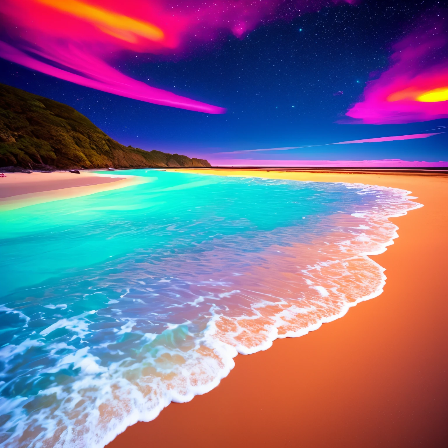 a beach with a bright sky and a bright star filled sky, magical beach, beautiful vibrant colors, glow wave, glowing colors, [ bioluminescent colors ]!!, stunning colors, beautiful colors, glowing rich colors, amazing colors, breathtaking colors, makes the sea area glowing water, glowing water, beautiful sunset glow, vivid glowing colors, beautiful deep colors
