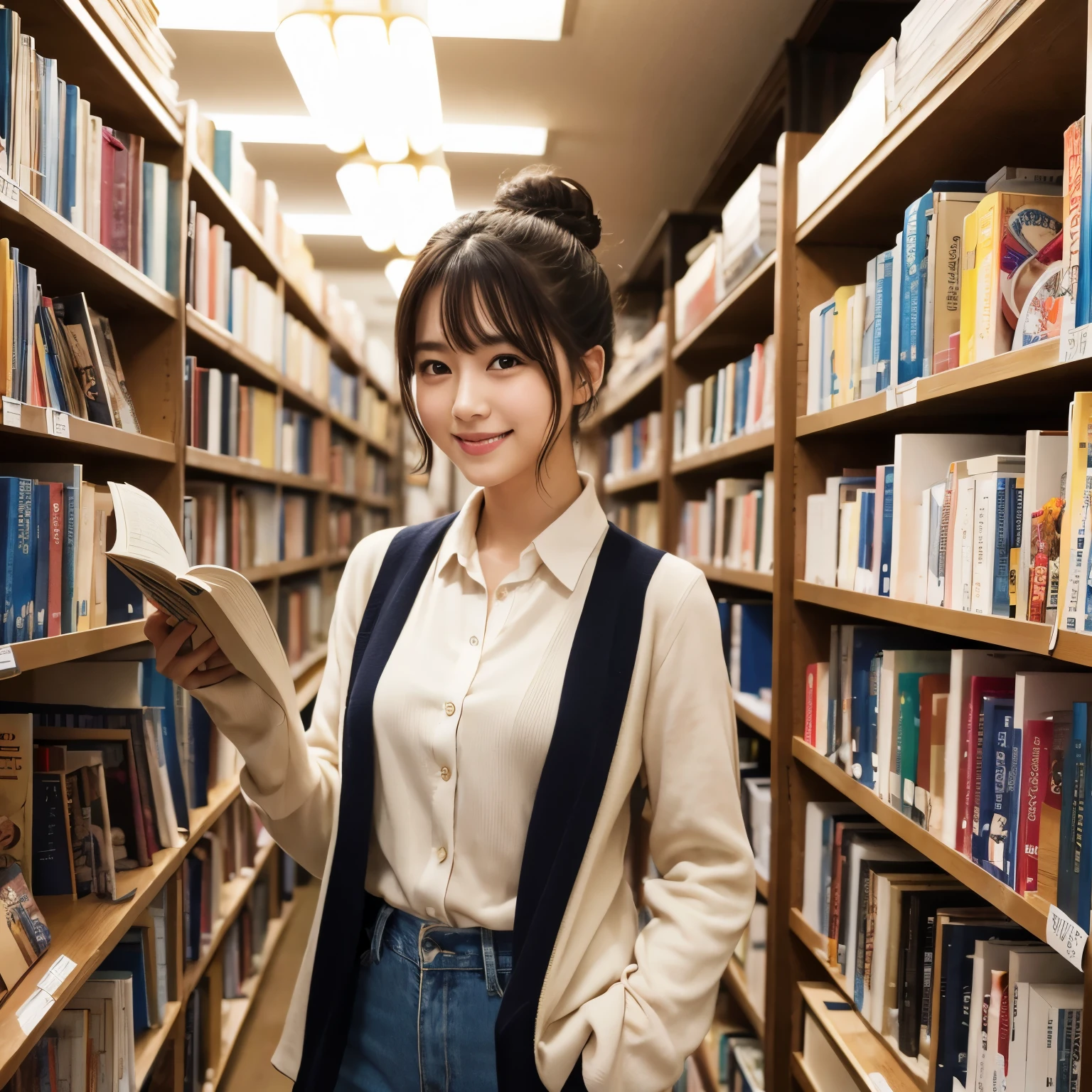 Best-quality, Masterpiece, Ultra-High-Resolution, (Photorealistic:1.4), Raw-Photo, 32k photo of the most popular Japanese idol's girl in a smart casual outfit, with detailed eyes and an engaged smile, browsing books in an old bookstore. She’s wearing a fitted blazer over a soft blouse and slacks, with comfortable loafers, her hair styled in a neat bun. The image captures her surrounded by shelves of books, emphasizing her intellectual curiosity and the quaint charm of the bookstore,
extremely cute face like the most famous Japanese idol, extremely beautiful big-blackeyes, extremely beautiful hair