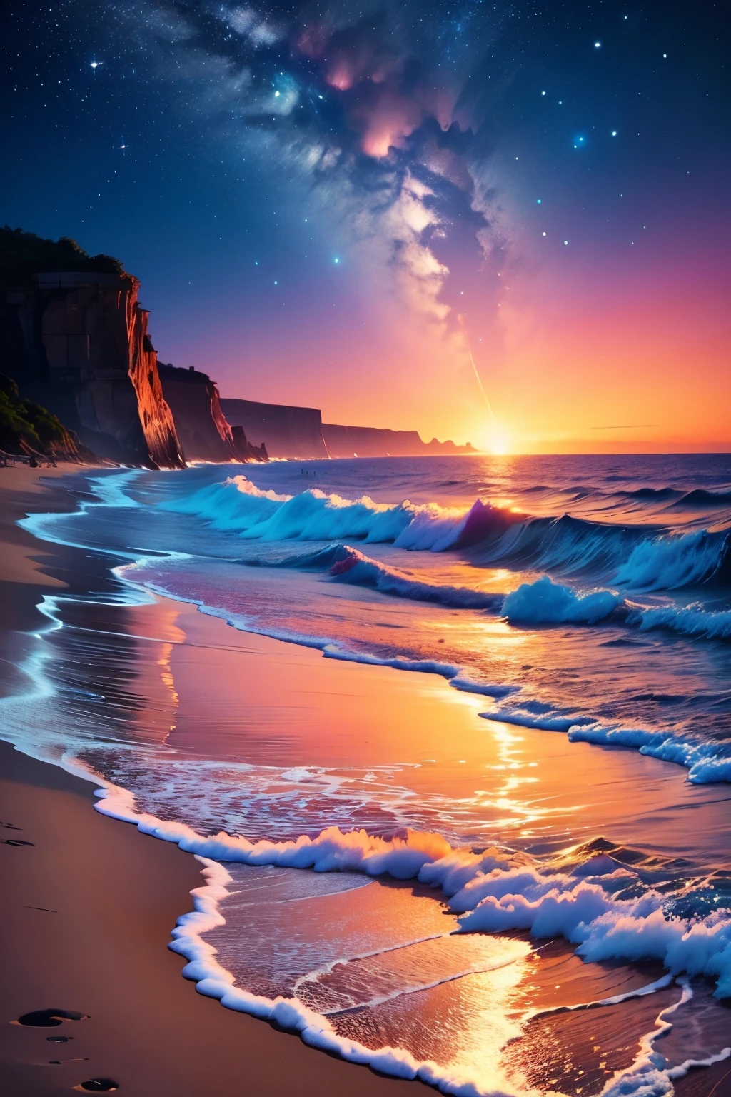 a beach with a bright sky and a bright star filled sky, magical beach, beautiful vibrant colors, glow wave, glowing colors, [ bioluminescent colors ]!!, stunning colors, beautiful colors, glowing rich colors, amazing colors, breathtaking colors, makes the sea area glowing water, glowing water, beautiful sunset glow, vivid glowing colors, beautiful deep colors