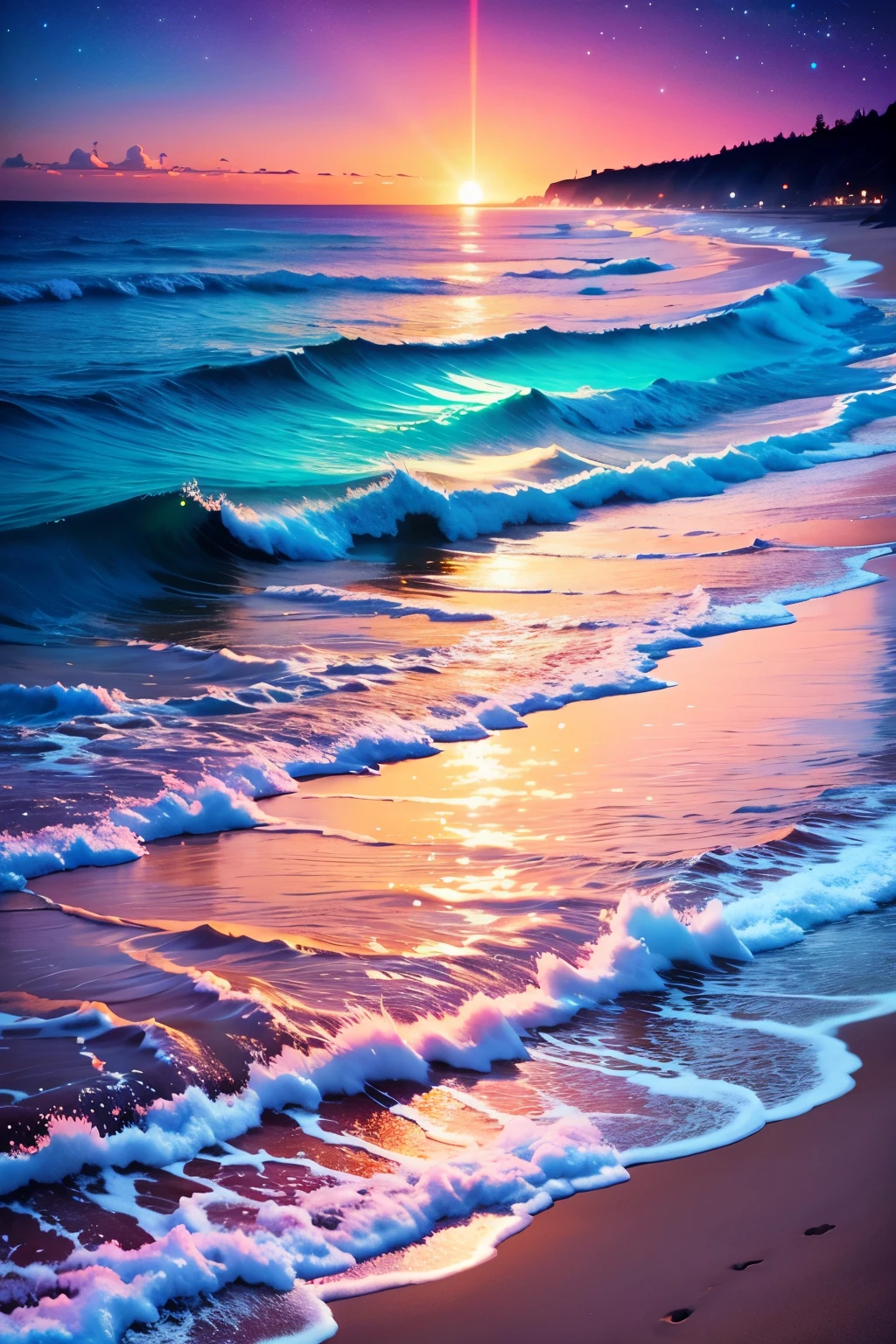 a beach with a bright sky and a bright star filled sky, magical beach, beautiful vibrant colors, glow wave, glowing colors, [ bioluminescent colors ]!!, stunning colors, beautiful colors, glowing rich colors, amazing colors, breathtaking colors, makes the sea area glowing water, glowing water, beautiful sunset glow, vivid glowing colors, beautiful deep colors