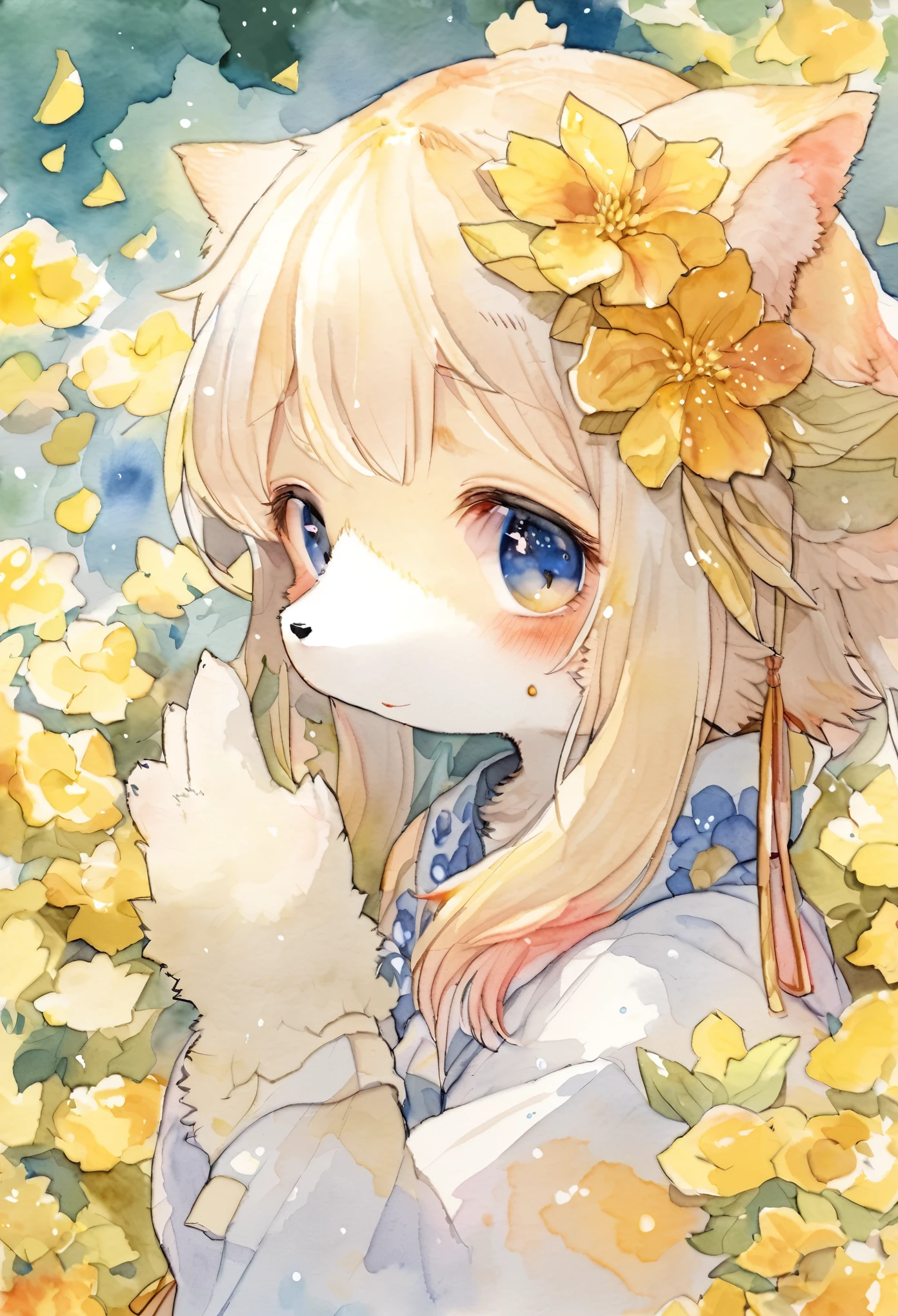 Watercolor elements, 1girl, kemono, furry, detailed body fur, animal face, animal hand, unfocused spread of gold flower, 