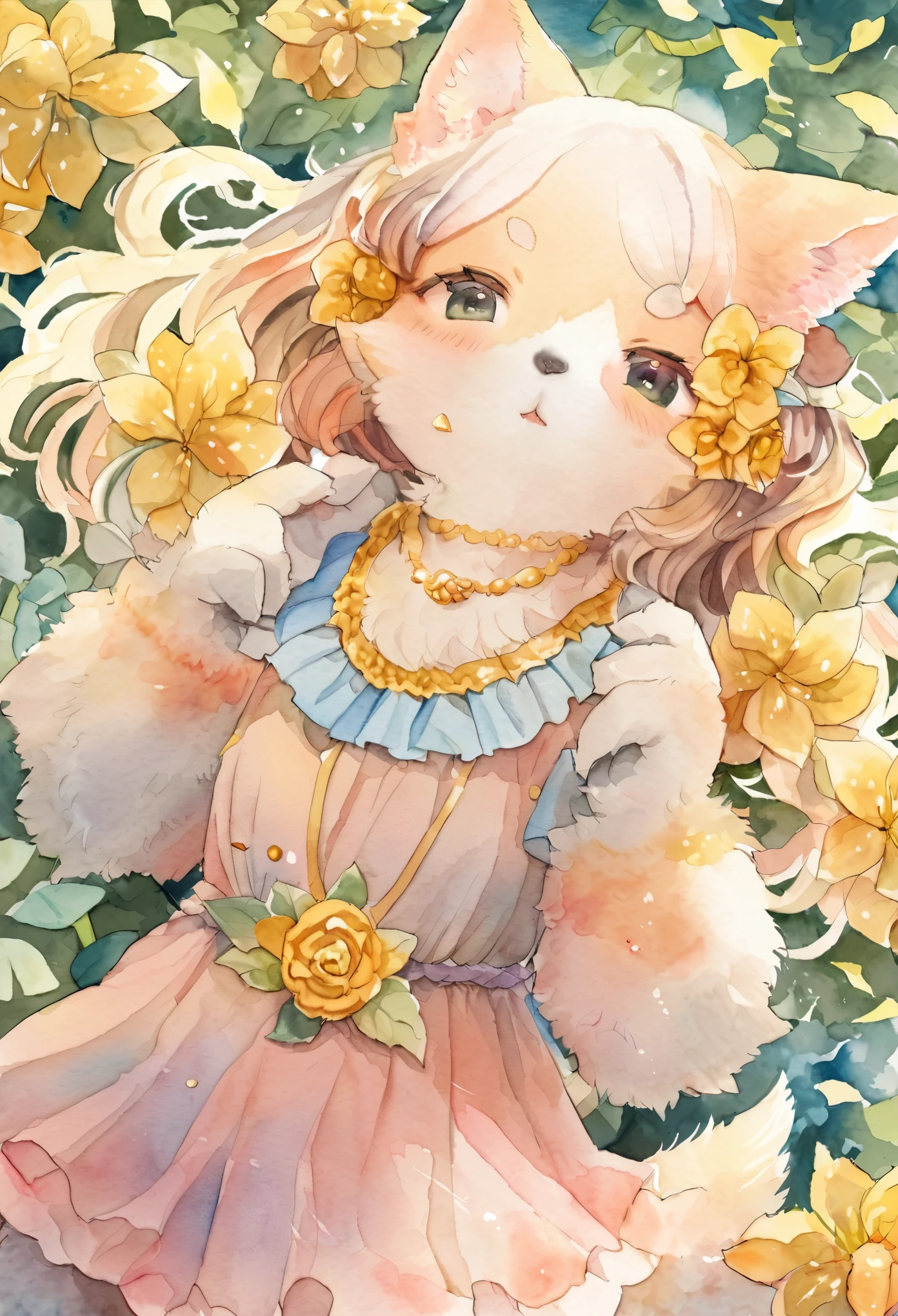 Watercolor elements, 1girl, kemono, furry, detailed body fur, animal face, animal hand, unfocused spread of gold flower, 