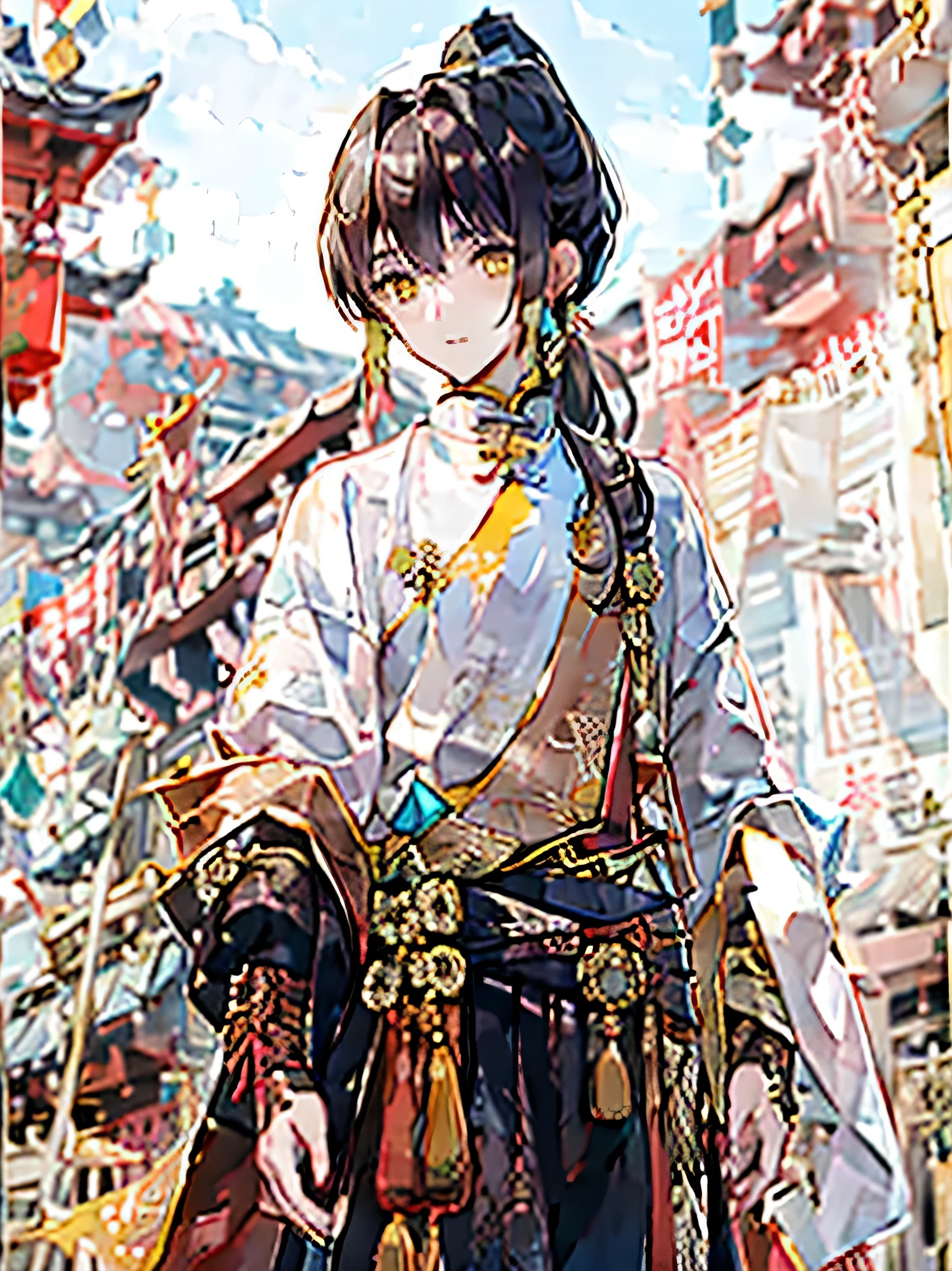 brown hair，Long hair，high ponytail details，male，horny boy，yellow eyes，robe，whole body，literati，Handsome，handsome man，handsome guy，emaciated，Chinese architectural background，normal hand