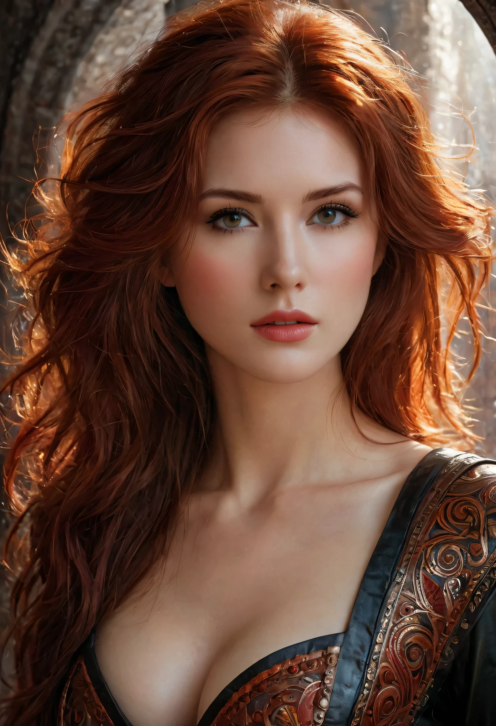 1girl, by Emily Kell and Luis Royo, 27 years old, official art, 8k wallpaper, full length, ultra detailed, beautiful and aesthetic, red hair, brown eyes, leather bust, skirt, A faint smile, masterpiece, best quality, realistic, extremely detailed, dynamic angle, (zentangle, mandala, tangle, entangle), the most beautiful form of chaos, elegant, a brutalist designed, vivid colors, romanticism, plasma flame