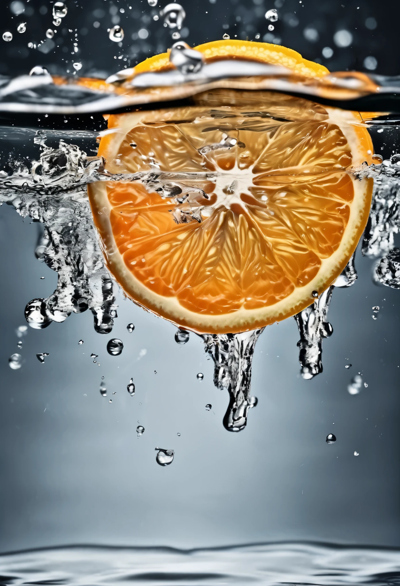 Product Photography, Close-up Fresh orange, Orange falling into the water, water splash, water crown,