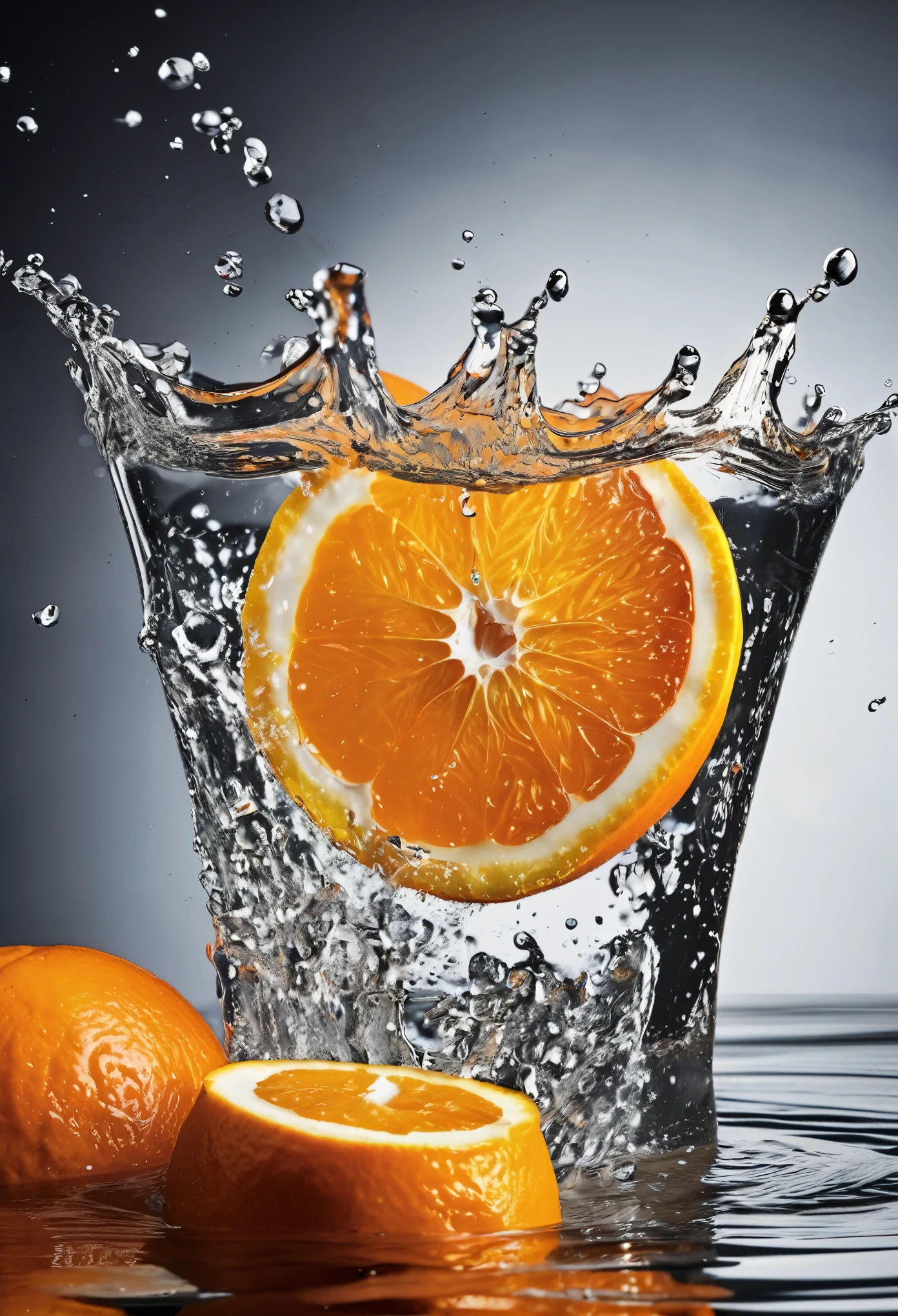 Product Photography, Close-up Fresh orange, Orange falling into the water, water splash, water crown,