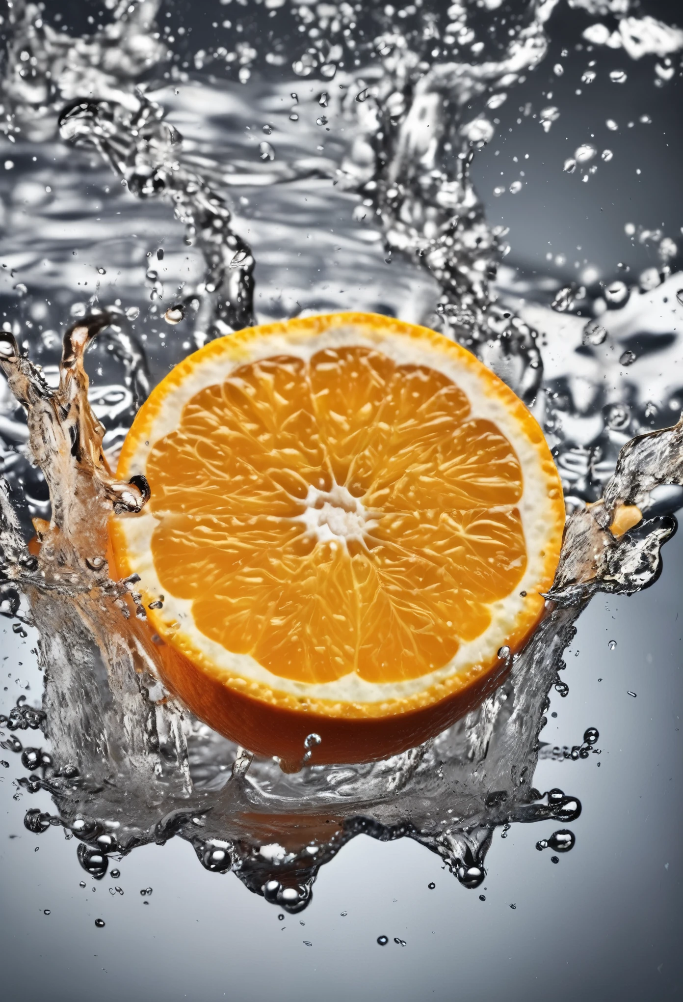 Product Photography, Close-up Fresh orange, Orange falling into the water, water splash, water crown,