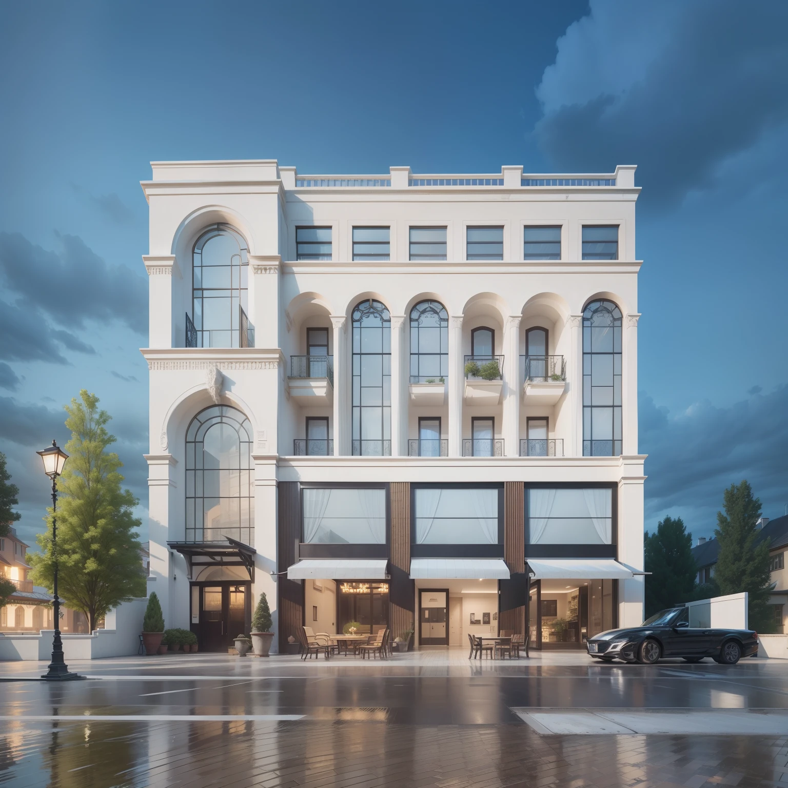 A multi-storey building is located in the middle of the frame,European architectural style,Night effect,Cloudy sky,Hyper-realistic picture,hyperedetailed photo,There are woods on both sides of the building,The exterior of the building is opalescent marble,There are night light effects turned on,There is a yard,There is a lawn,
