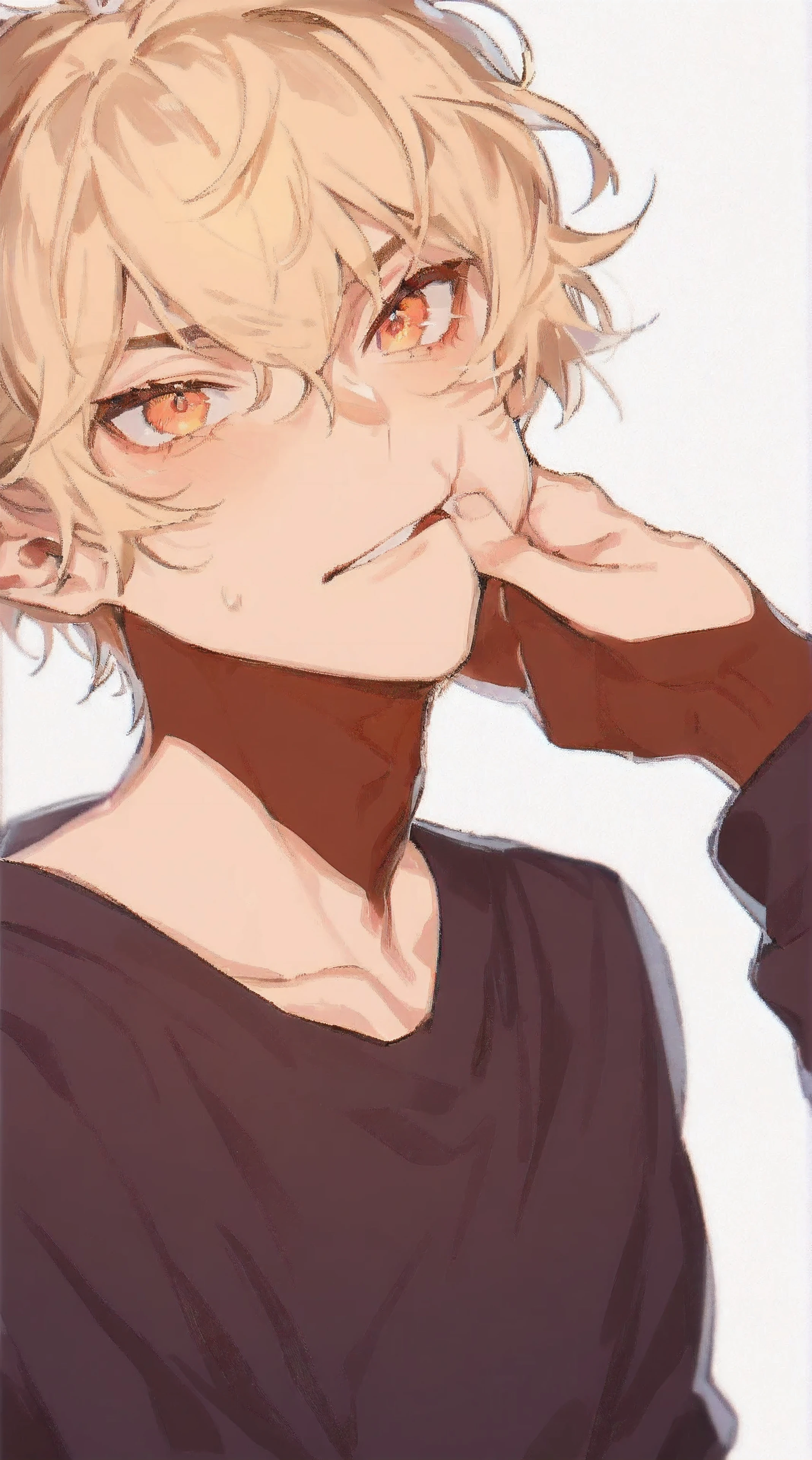 Beautiful young man, blond hair and orange eyes, Profile, cheeks are pinched, high quality, amount of drawing, pixiv illustration