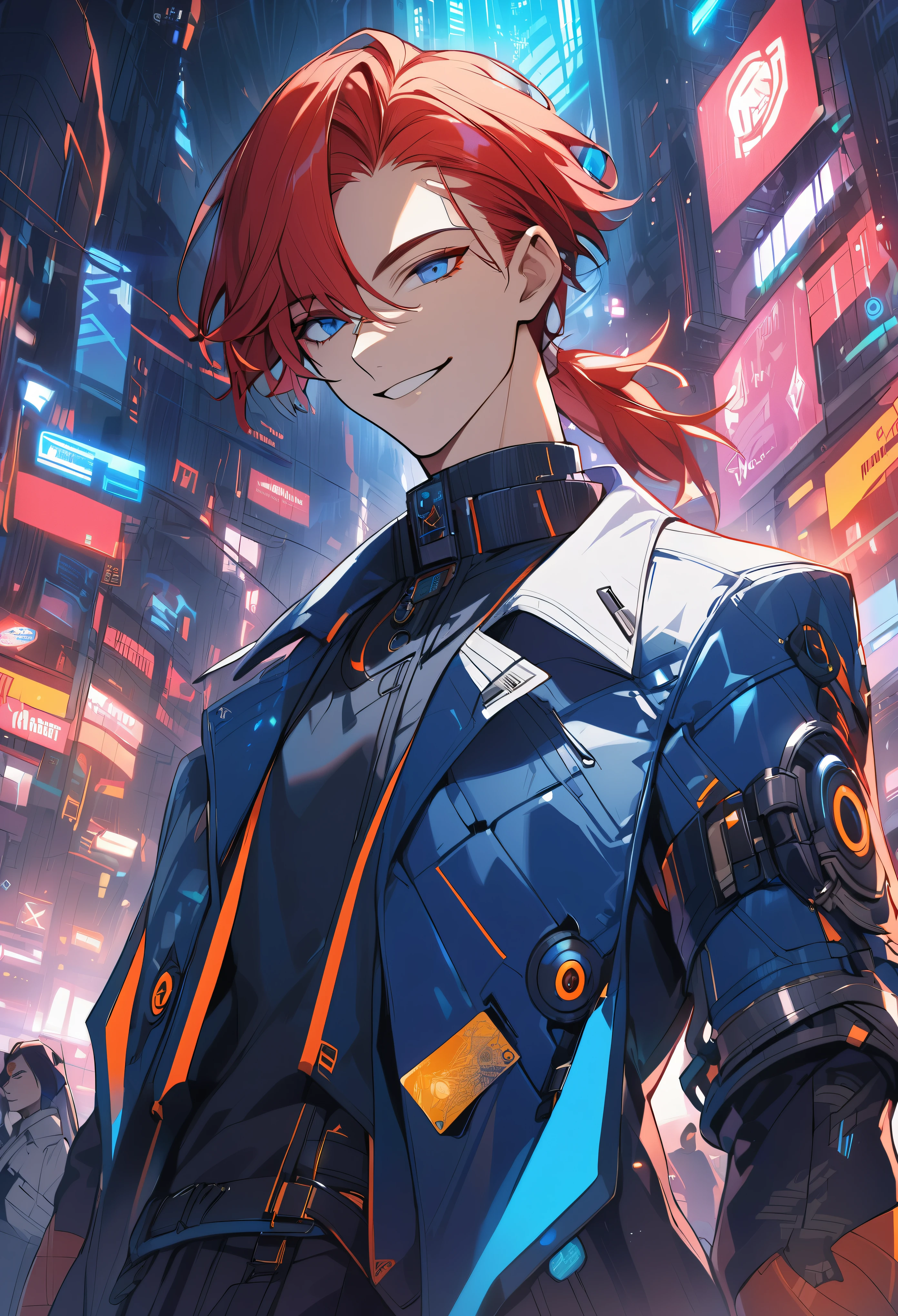 Handsome, solo, 1 male, short hair, low ponytail, red hair, blue eyes, white and blue clothes, smile facial, futuristic, cyberpunk, cards, dices, gambler