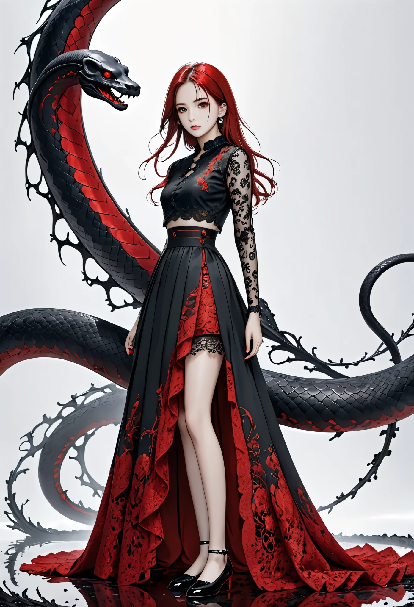 ((masterpiece: 1.4, best quality))+,(Ultra-detailed)+, official art, unified 8k wallpaper, Ultra-detaileded, fair, high quality, fair, masterpiece, best quality, (flat chest), whole body, Standing picture, White background, red straight hair, gloomy eyes, black snake, white theme, red jewelry, studs, black lace flats, asymmetrical skirt, There's blood on the skirt, devil, skeleton, lots of lace