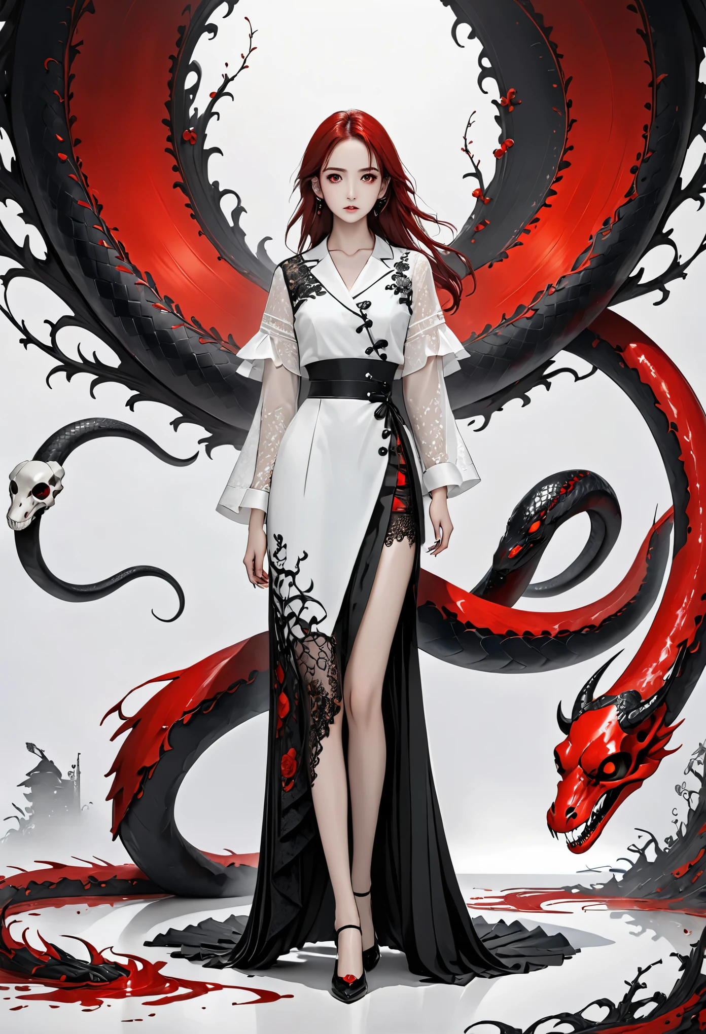 ((masterpiece: 1.4, best quality))+,(Ultra-detailed)+, official art, unified 8k wallpaper, Ultra-detaileded, fair, high quality, fair, masterpiece, best quality, (flat chest), whole body, Standing picture, White background, red straight hair, gloomy eyes, black snake, white theme, red jewelry, studs, black lace flats, asymmetrical skirt, There's blood on the skirt, devil, skeleton, lots of lace