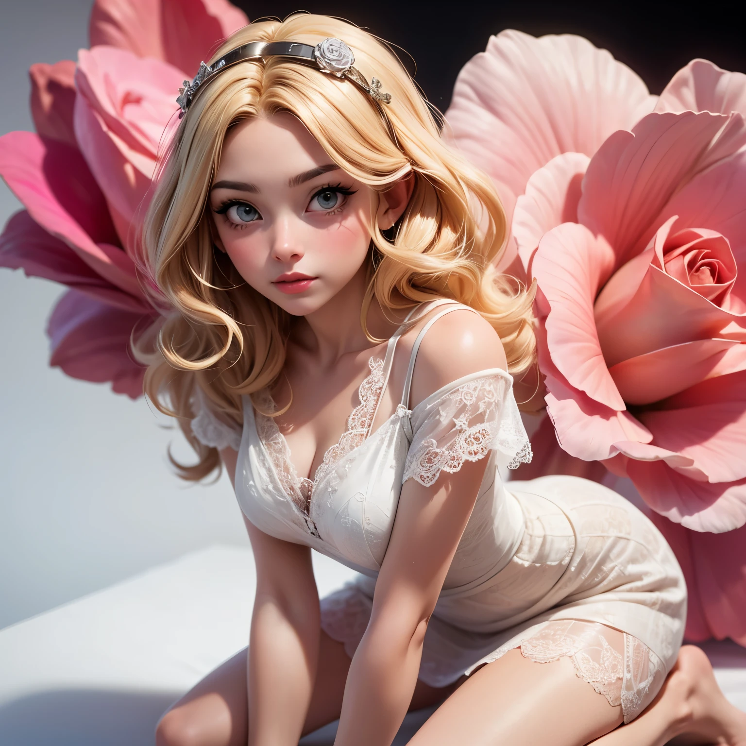 8k, RAW photo, Fujifilm, style photo of a beautiful young woman as rose in kneeling pose (highly detailed skin: 1.2) Style-Petal BREAK short hair, blonde hair with colored locks, wearing a sheer sundress, film granulation, 35mm, cute style