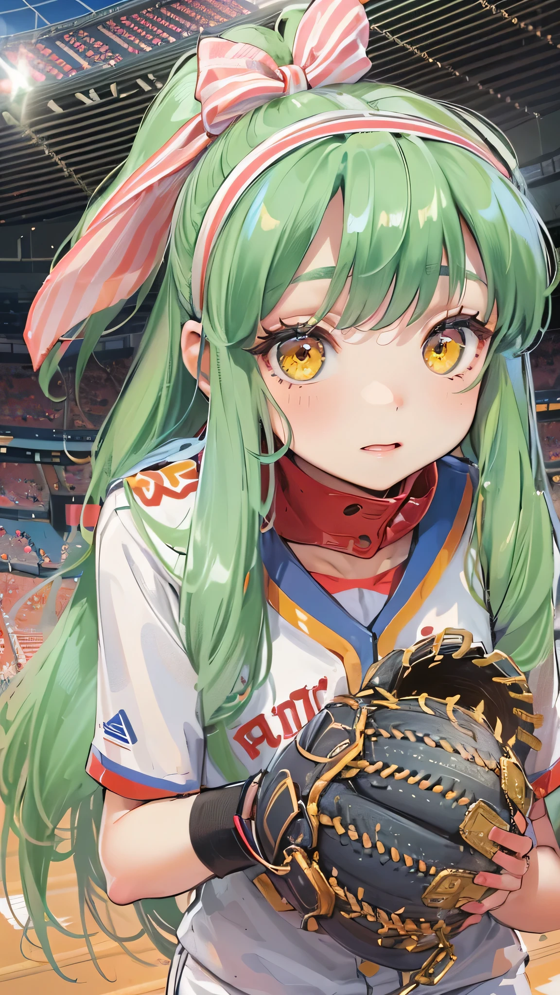 perfect ???????, masterpiece:1.4, best quality, 8k, beautiful detailed grow, (in the Fukuoka Dome Stadium), break (Baseball Style) ((Throw a fastball from the Pitcher's Mound)) (a ponytail green hair long hair cute girl, 14 yo, cute yellow eyes, enjoy face), break, in a baseball uniform, baseball hat.