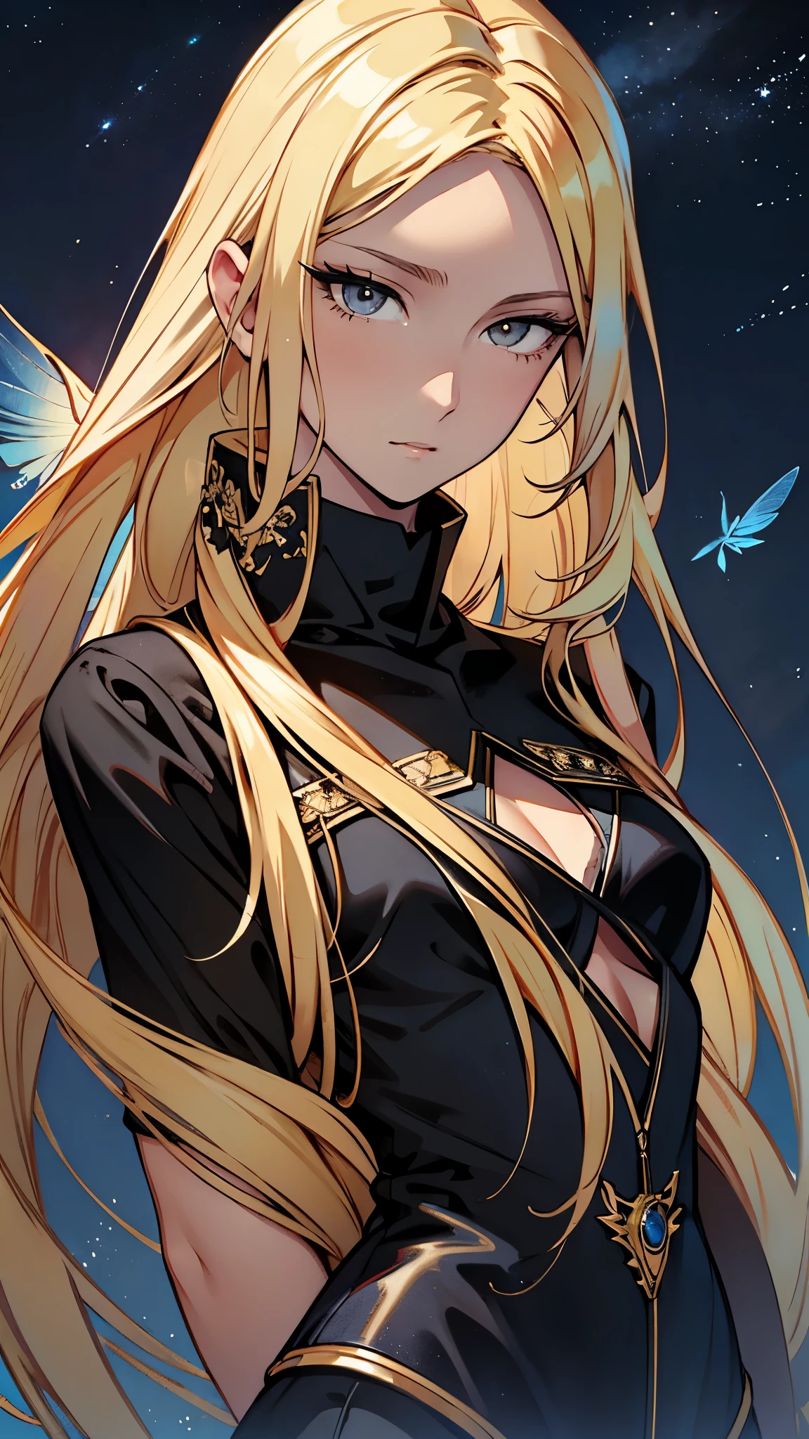 masterpiece, ultra quality, Beautiful detailed, extremely detailed,16K, exquisite, absurdity, highres, Beautiful background, Beautiful eye, Beautiful skin, anime style, one girl, solo, looking at viewer, upper body, BREAK 

blonde hair, long hair, slit eyes, brown eyes, very long eyelashes, very long hair, (fluttering hair:1.4), glossy lips, closed mouth, expressionless, slender tall woman's body, supplementary long limbs, very small breasts, BREAK 

(Fur trim:1.1), Jet black Capelet, Jet black long boots, BREAK 

night, star \(sky\), starry sky, space, steam train flying in the sky