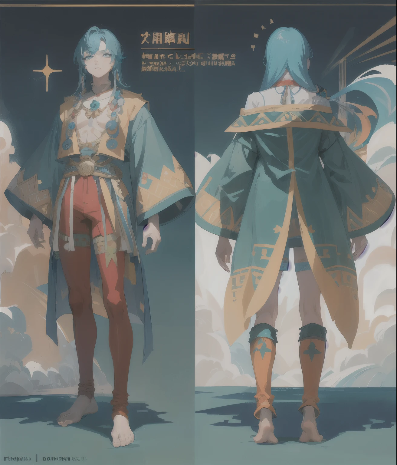 ((Masterpiece, Highest quality)), Detailed face, character design sheet，full body, Full of details, frontal body view, back body view, Highly detailed, Depth, Many parts, boy with long teal hair，pretty man, Traditional aztec clothes, colorful clothing, Genshin Impact, man short
