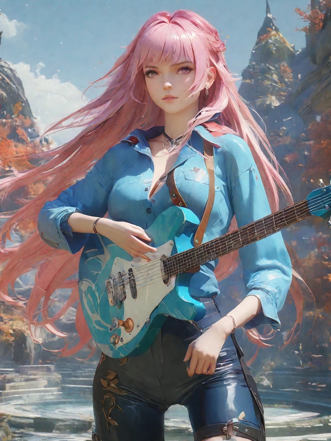 diy22,Highest quality, ultra-high definition, masterpieces, 8k, realistic, anime styled, 3d render,anime girl with pink hair and a blue shirt holding a guitar, artwork in the style of guweiz, ross tran style, ross tran. scenic background, anime girl with long hair, guitar solo, anime cover, high quality anime artstyle, in the style of ross tran, anime vibes, guweiz, beautiful anime art style, anime style 4 k