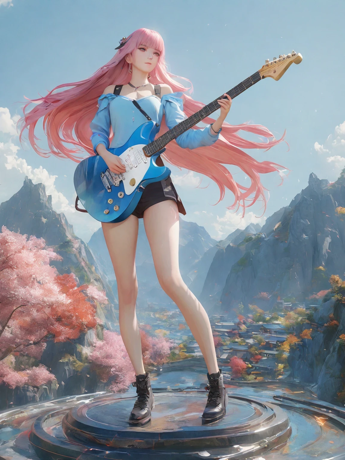 diy22，Highest quality, ultra-high definition, masterpieces, 8k, realistic, anime styled, 3d render，anime girl with pink hair and a blue shirt holding a guitar, artwork in the style of guweiz, ross tran style, ross tran. scenic background, anime girl with long hair, guitar solo, anime cover, high quality anime artstyle, in the style of ross tran, anime vibes, guweiz, beautiful anime art style, anime style 4 k