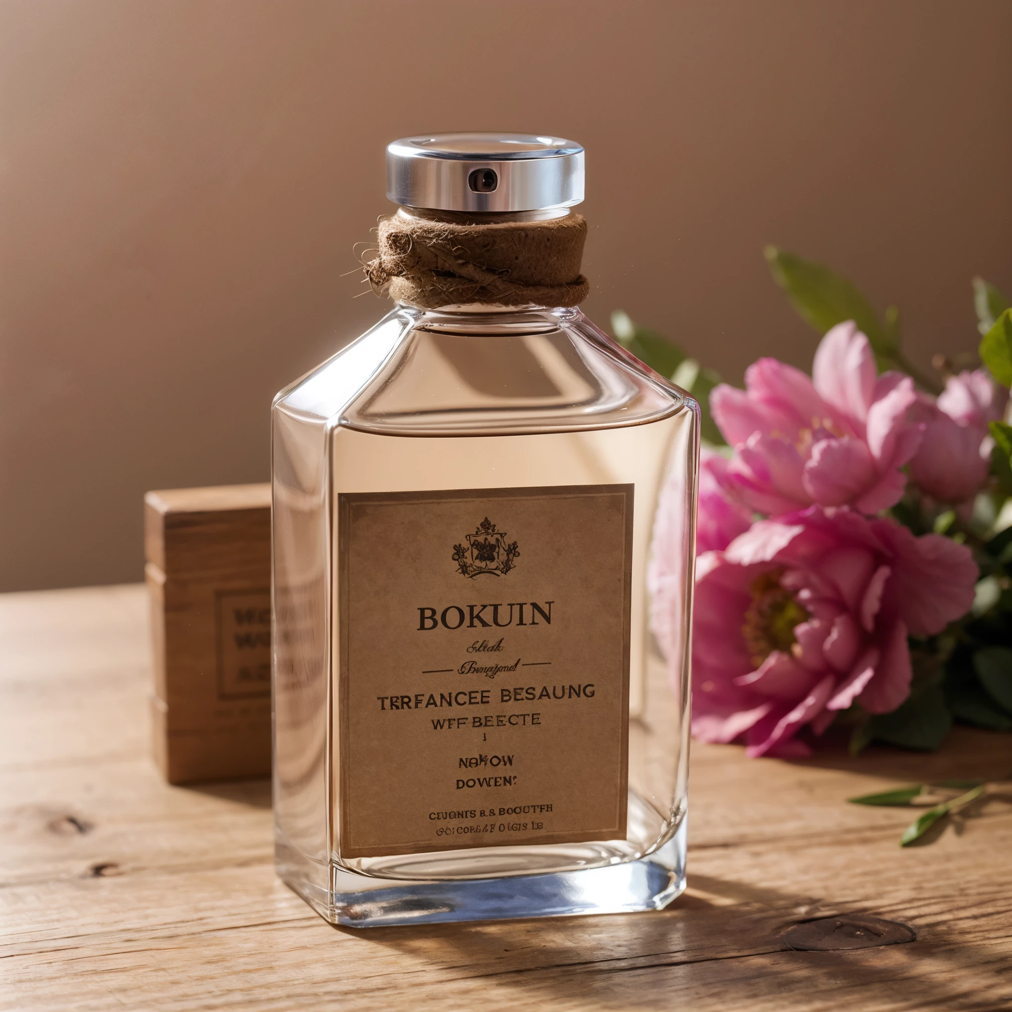 Product Photography, Close-up Transparent and beautiful perfume bottle with text "floral" Perfume bottle label and background signboard,
