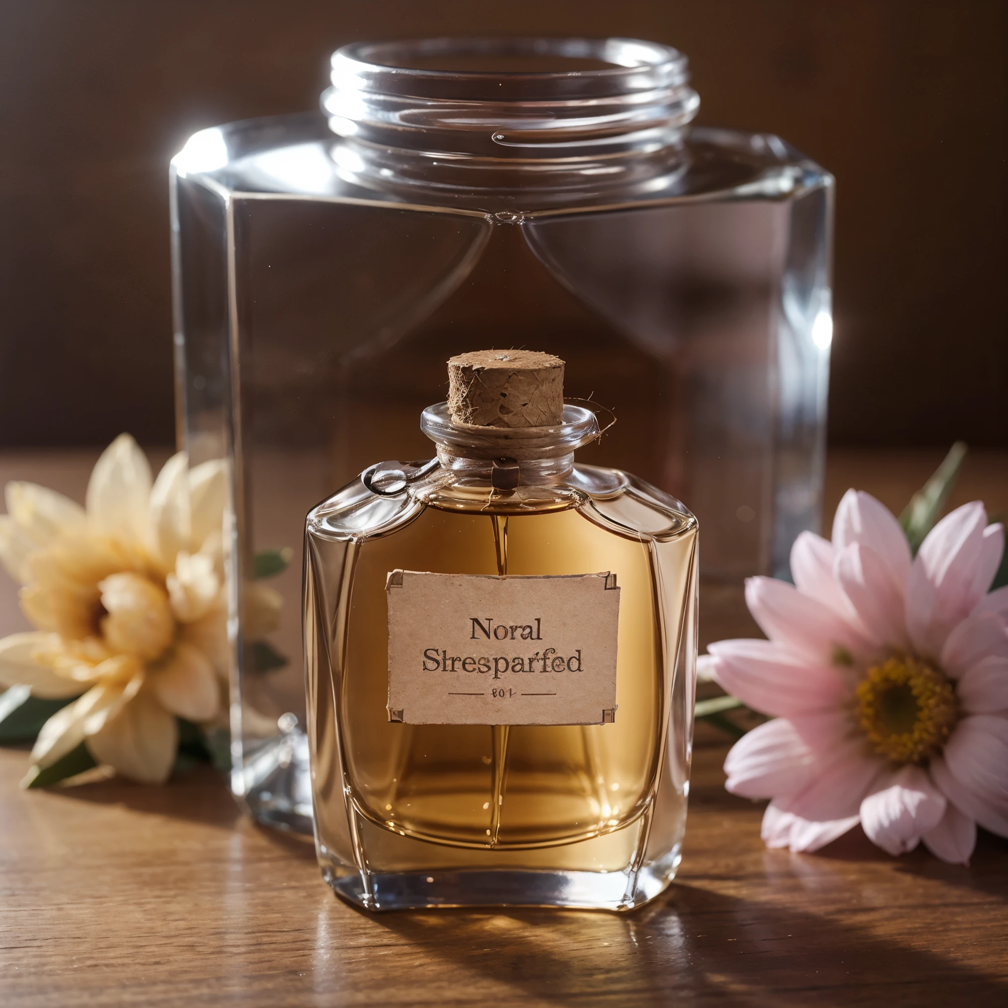 Product Photography, Close-up Transparent and beautiful perfume bottle with text "floral" Perfume bottle label and background signboard,