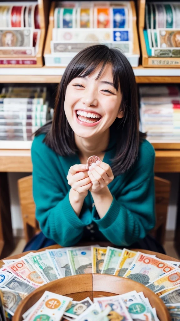 1girl in((Laughing)), surrounded by a flurry of Japanese bills and coins,