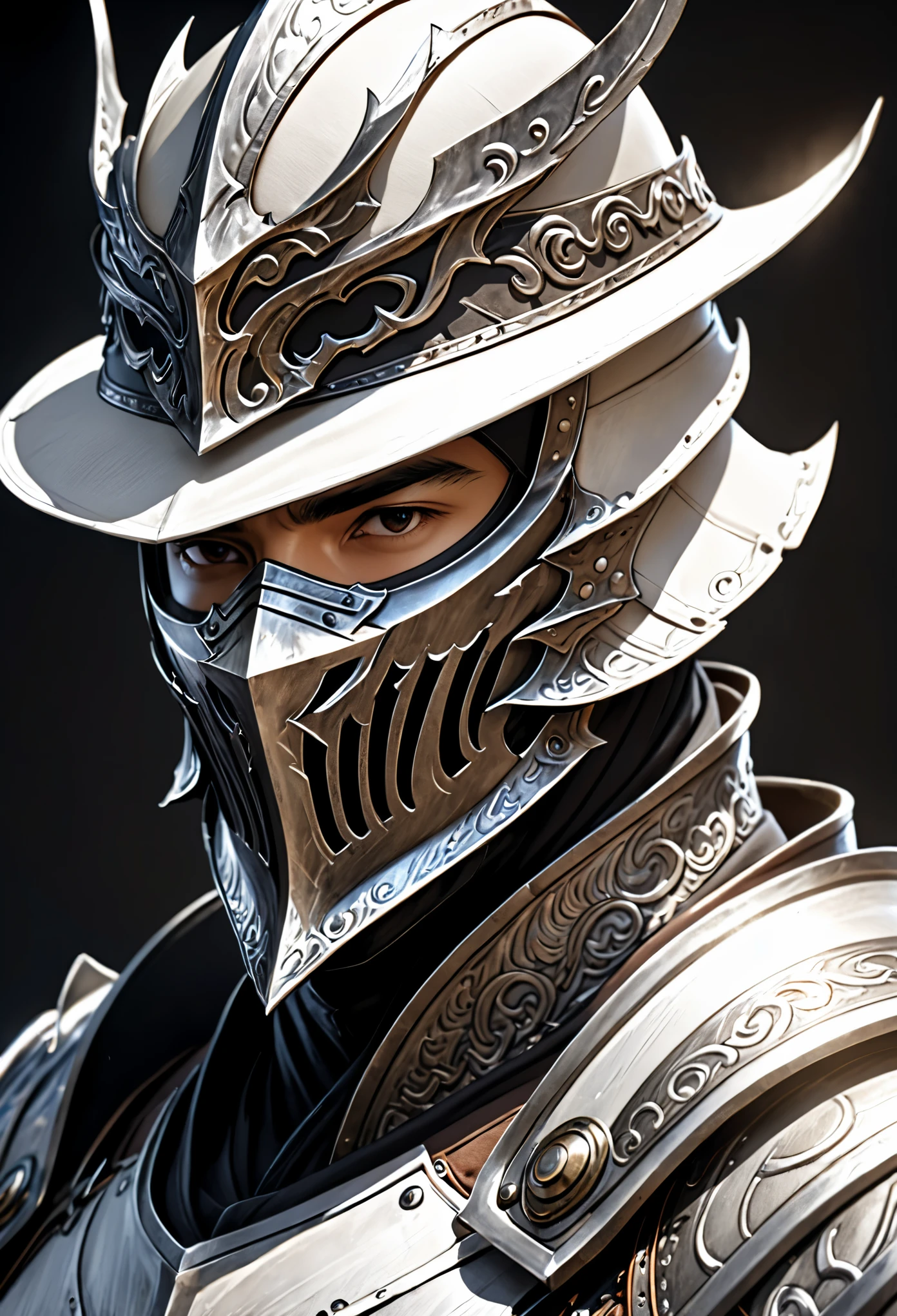((cloth)), ((armor))((bone mask)) (High detail skin: 1.2) Close-up of man wearing hat and mask, Infinity Blade concept art, Infinity Blade Armor, pauldron, Warrior concept art, Mortal Kombat Characters, 8KUHD, DSLR camera, soft light, high quality, Film texture ((amateur photos)), White background