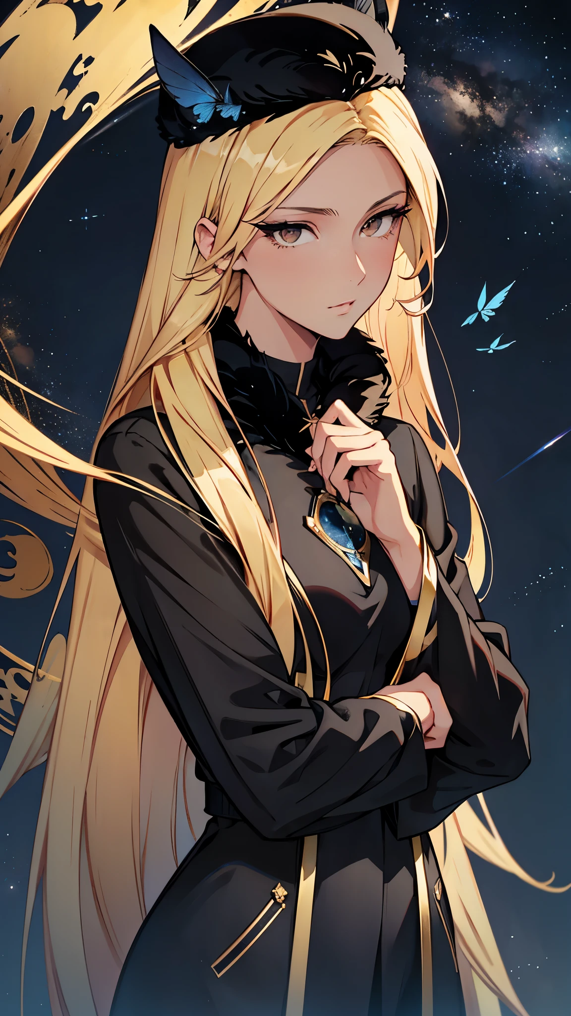 masterpiece, ultra quality, Beautiful detailed, extremely detailed,16K, exquisite, absurdity, highres, Beautiful background, Beautiful eye, Beautiful skin, anime style, one girl, solo, looking at viewer, upper body, BREAK
blonde hair, long hair, slit eyes, brown eyes, very long eyelashes, very long hair, (fluttering hair:1.4), glossy lips, closed mouth, expressionless, slender tall woman's body, supplementary long limbs, very small breasts, BREAK
(Fur trim:1.1), Jet black Ushanka hat, Jet black Capelet, Jet black long boots, BREAK
night, star \(sky\), starry sky, space, steam train flying in the sky